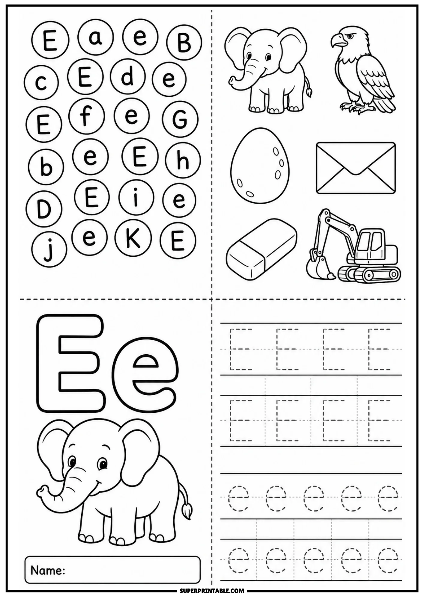 Letter E activity page with circular letter search grid, illustrations of elephant eagle egg envelope eraser excavator, large line art Ee with elephant drawing, and letter writing tracing lines.