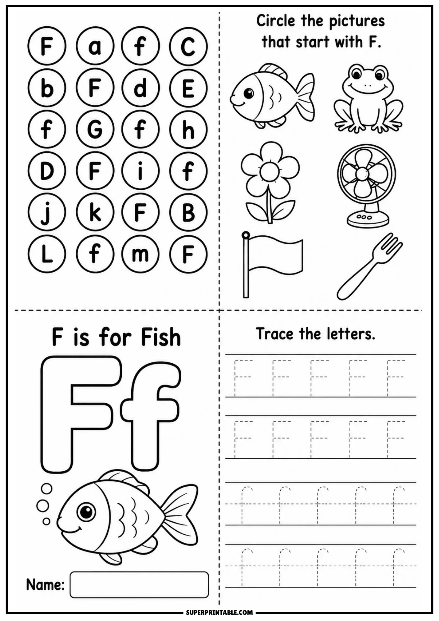 Black line art printable sheet for letter F featuring letter search grid, drawings of fish frog flower fan flag fork, outline Ff with fish illustration, and dotted letter tracing lines.