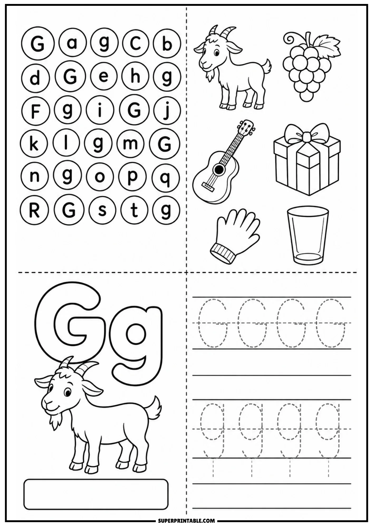 Letter G educational page with letter recognition circle grid, drawings of goat grapes guitar gift box glove glass, large outline Gg with goat cartoon, and guided tracing lines.