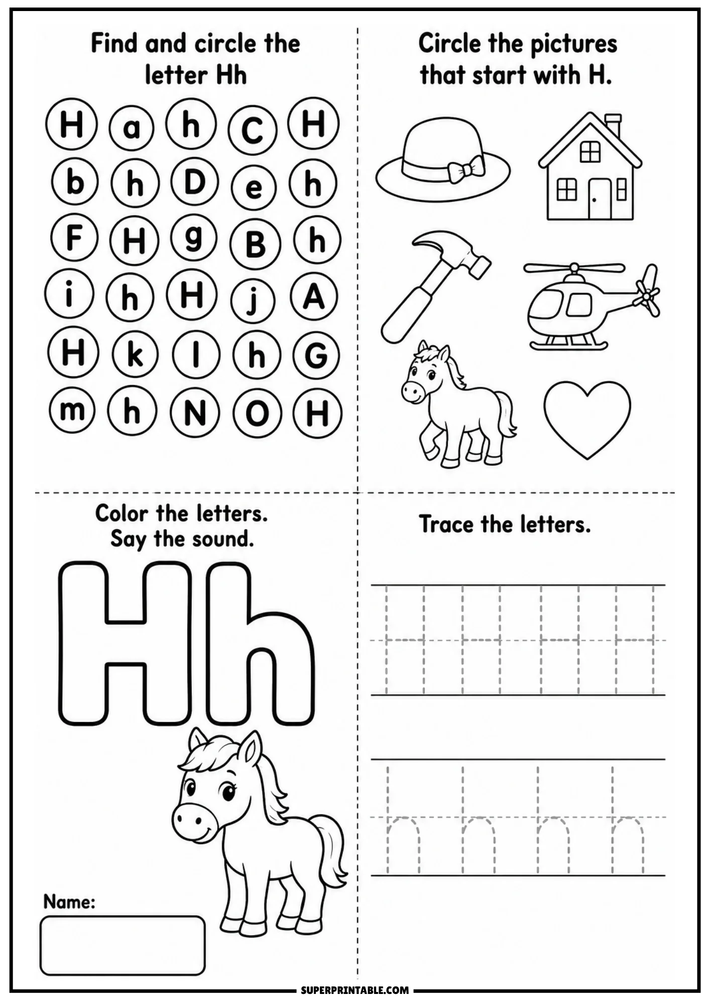 Alphabet activity page for letter H containing letter search grid, line drawings of hat house hammer helicopter horse heart, outline Hh with horse illustration, and tracing practice lines.