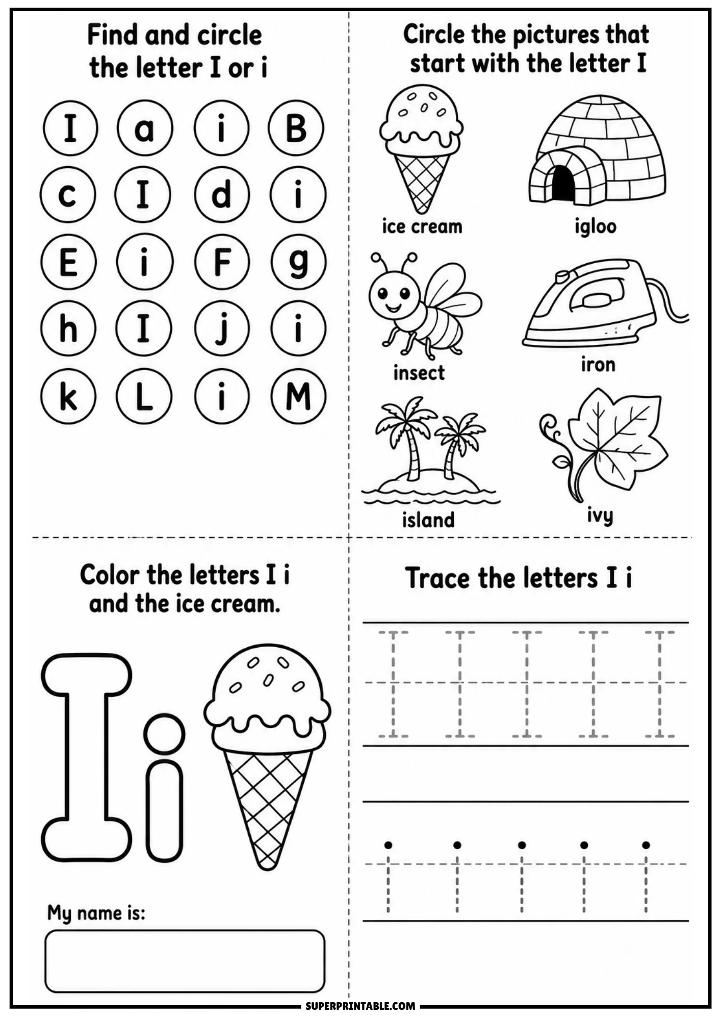 Black and white printable page for letter I with letter search grid, drawings of ice cream igloo insect iron island ivy, large outline Ii with ice cream cone, and letter tracing lines.