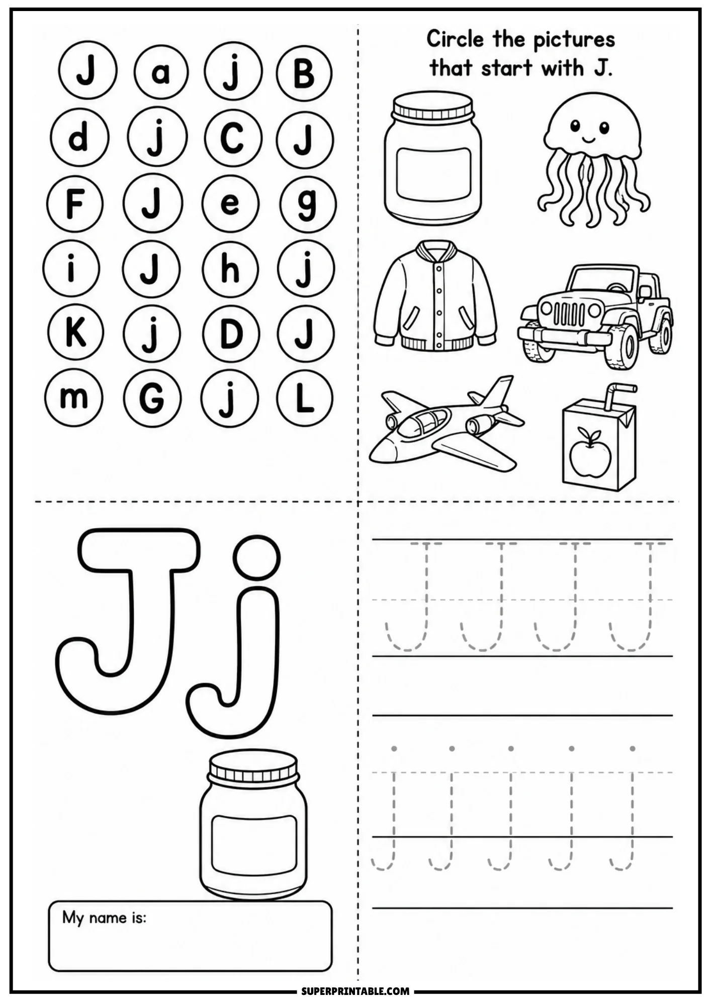 Alphabet learning sheet for letter J featuring letter search grid, line art of jar jellyfish jacket jeep jet juice box, large outline Jj with glass jar, and uppercase lowercase tracing lines.