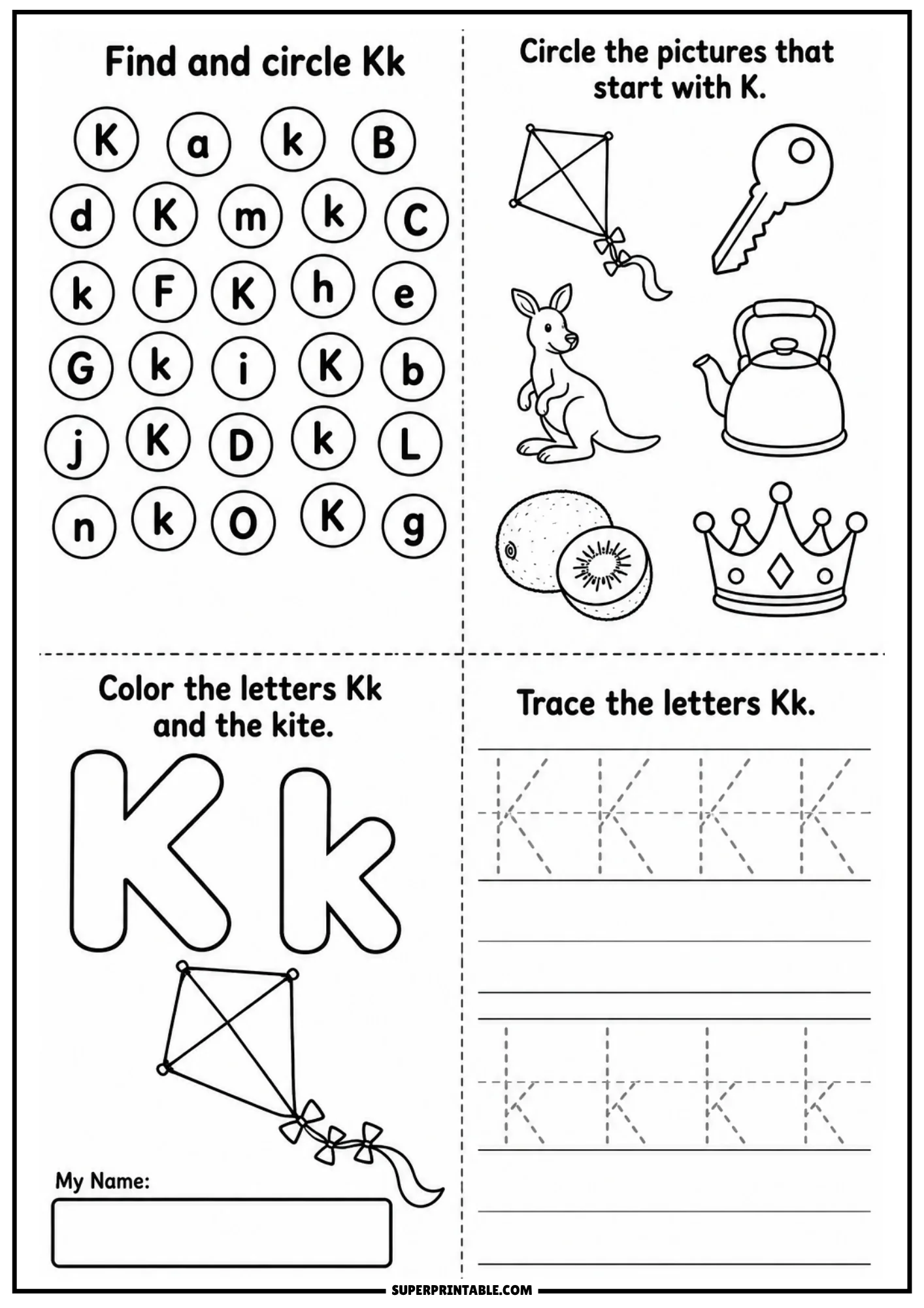 Printable activity sheet for letter K with letter circle search grid, line drawings of kite key kangaroo kettle kiwi crown, large outline Kk with kite, and letter tracing practice lines.