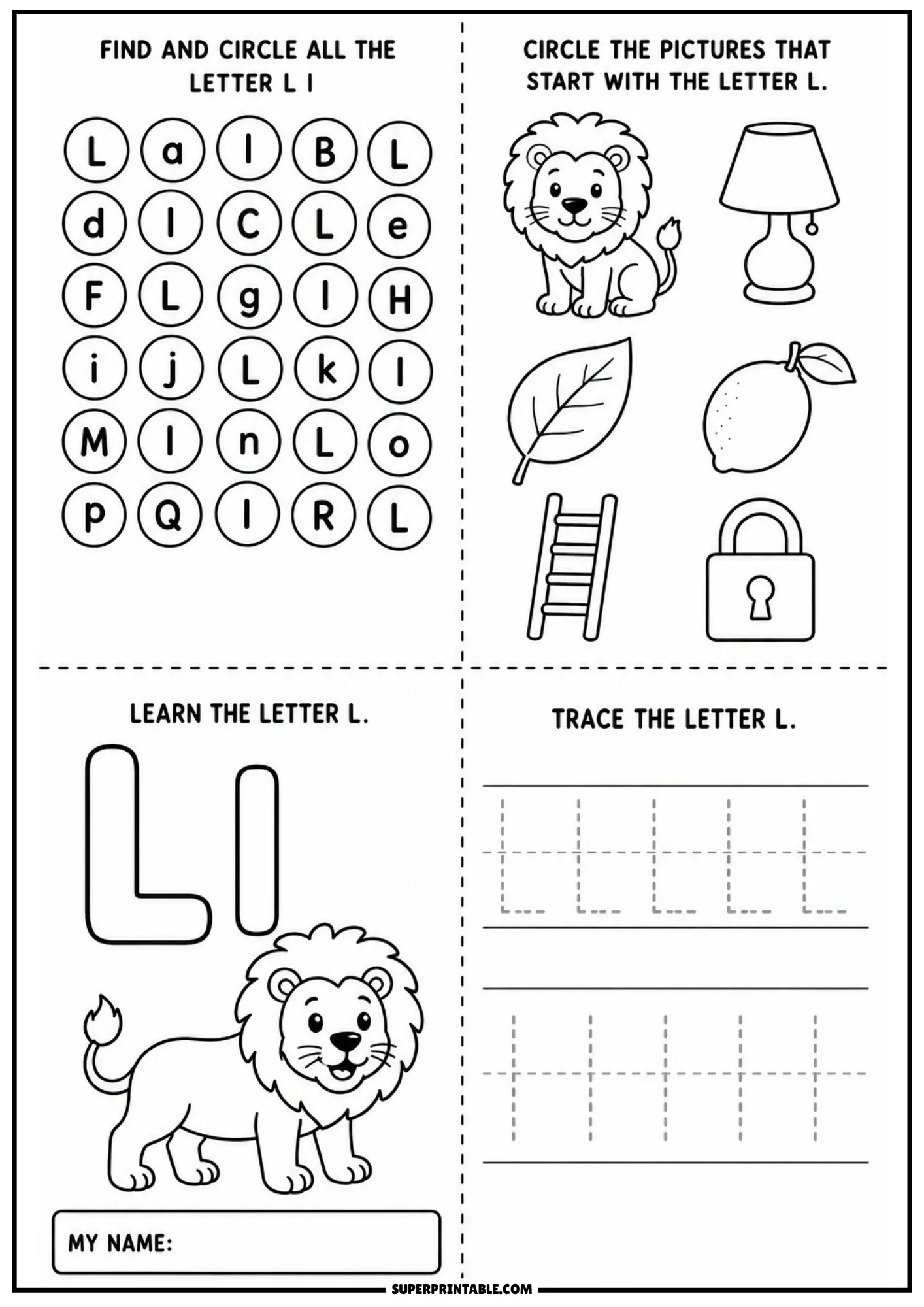 Letter L practice page with circular letter search grid, drawings of lion lamp leaf lemon ladder lock, large outline Ll with lion character, and dotted handwriting tracing lines.