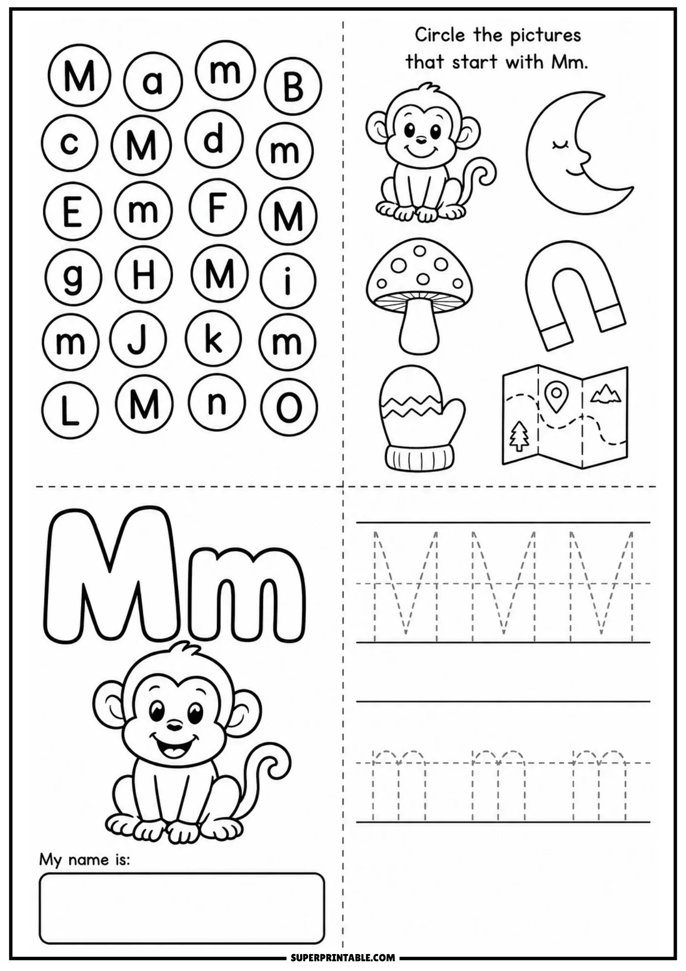Black line art worksheet for letter M with letter search circle grid, illustrations of monkey moon mushroom magnet mitten map, outline Mm with cartoon monkey, and letter writing tracing lines.