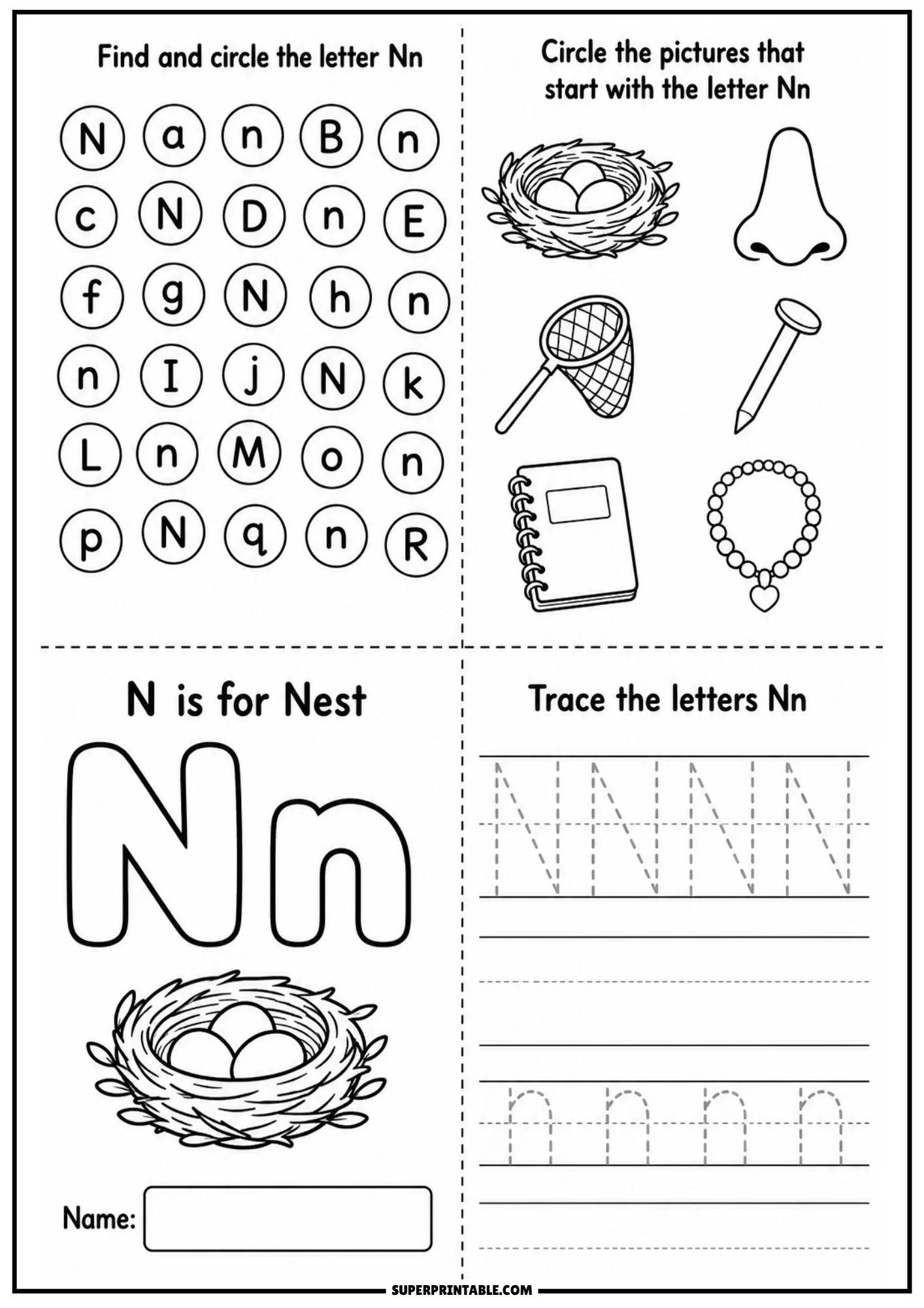 Printable letter N activity sheet showing letter search grid, illustrations of bird nest nose net nail notebook necklace, large outline Nn with egg nest, and guided tracing lines.
