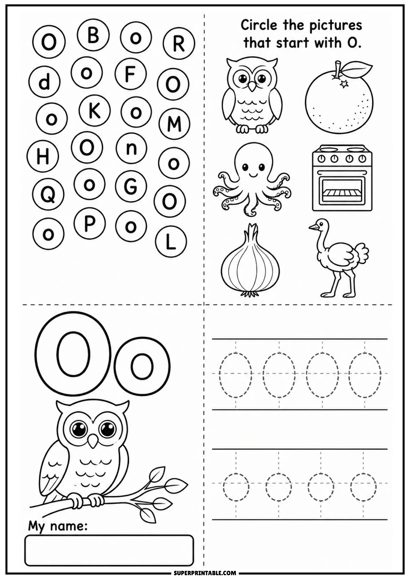 Letter O educational page featuring letter search circle grid, line drawings of owl orange octopus stove onion ostrich, large outline Oo with perched owl, and letter tracing practice lines.