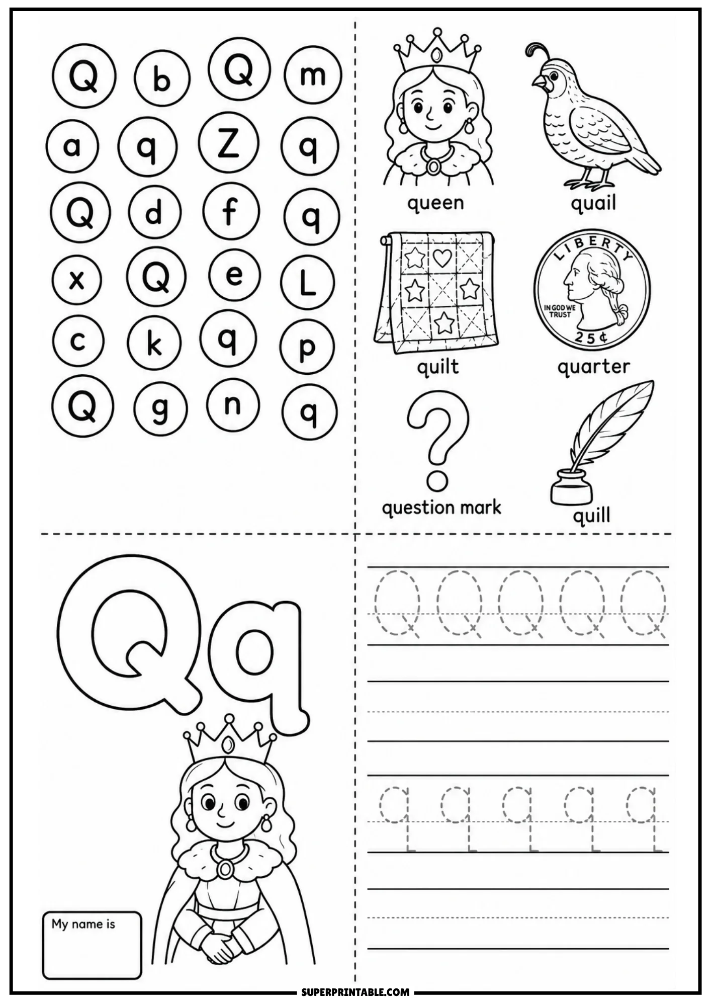 Black and white activity sheet for letter Q featuring letter search grid, drawings of queen quail quilt quarter question mark quill, outline Qq with queen illustration, and letter tracing lines.