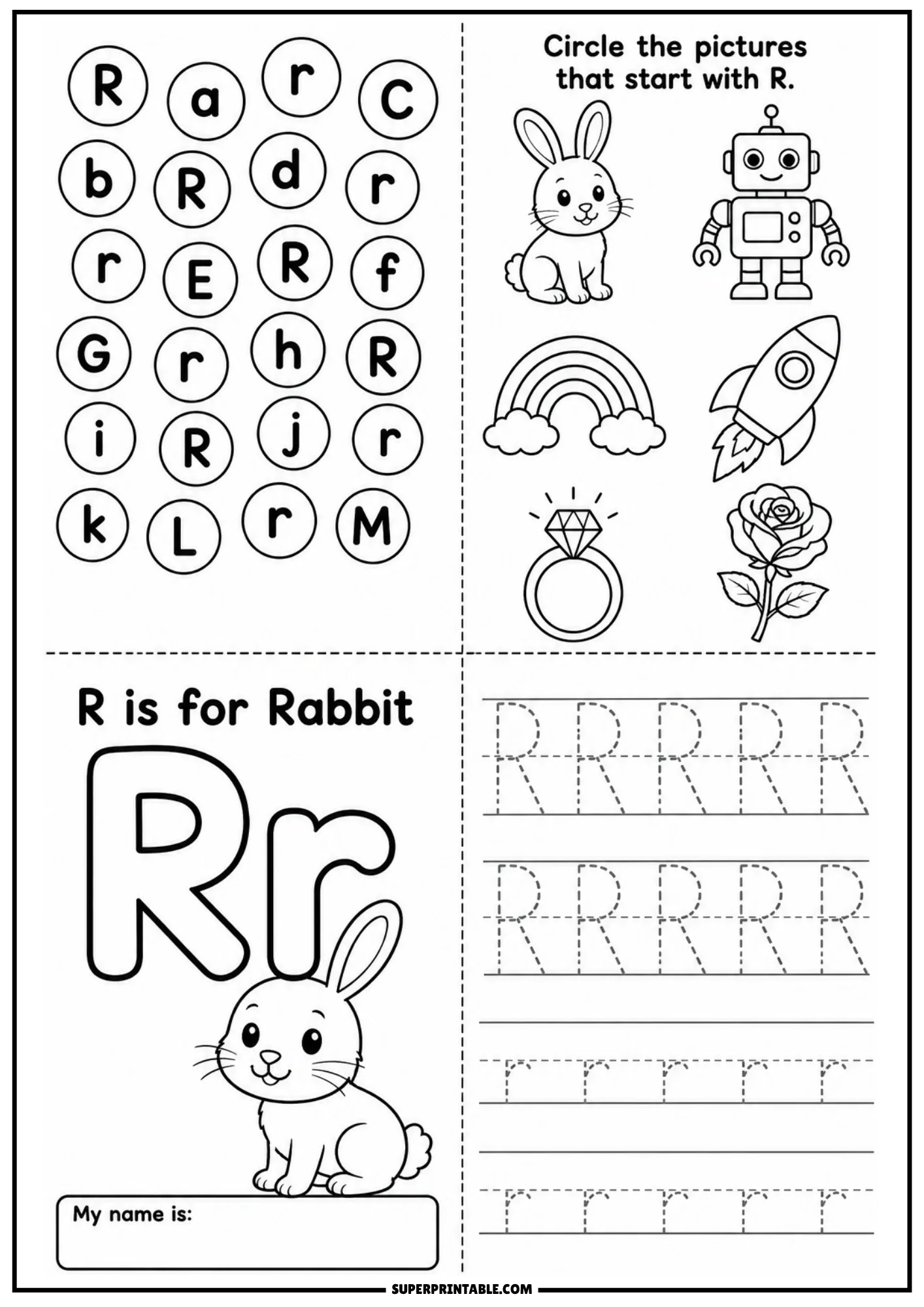 Letter R practice sheet with letter identification grid, line art of rabbit robot rainbow rocket ring rose, large outline Rr with cartoon rabbit, and upper lower letter tracing lines.