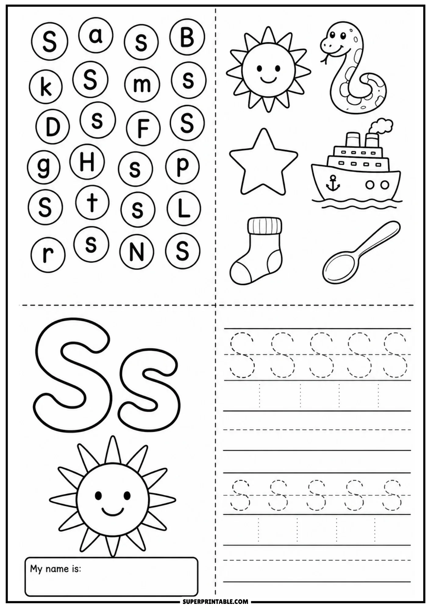 Alphabet page for letter S showing circular letter search grid, drawings of sun snake star ship sock spoon, large outline Ss with smiling sun illustration, and handwriting tracing lines.