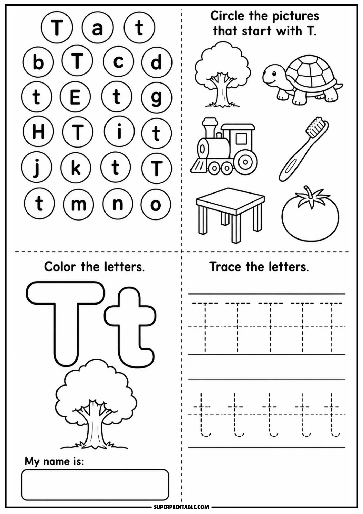 Printable worksheet for letter T featuring letter search circle grid, illustrations of tree turtle train toothbrush table tomato, outline Tt with tree drawing, and dotted letter tracing lines.