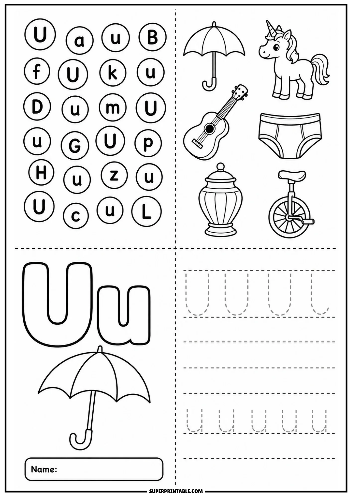 Letter U activity page with letter recognition grid, drawings of umbrella unicorn ukulele underpants urn unicycle, large outline Uu with umbrella illustration, and letter writing tracing lines.