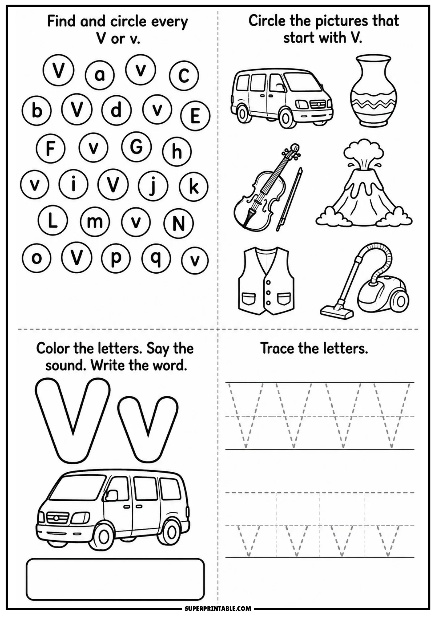 Black line art worksheet for letter V featuring letter search grid, drawings of van vase violin volcano vest vacuum, outline Vv with van illustration, and letter tracing practice lines.