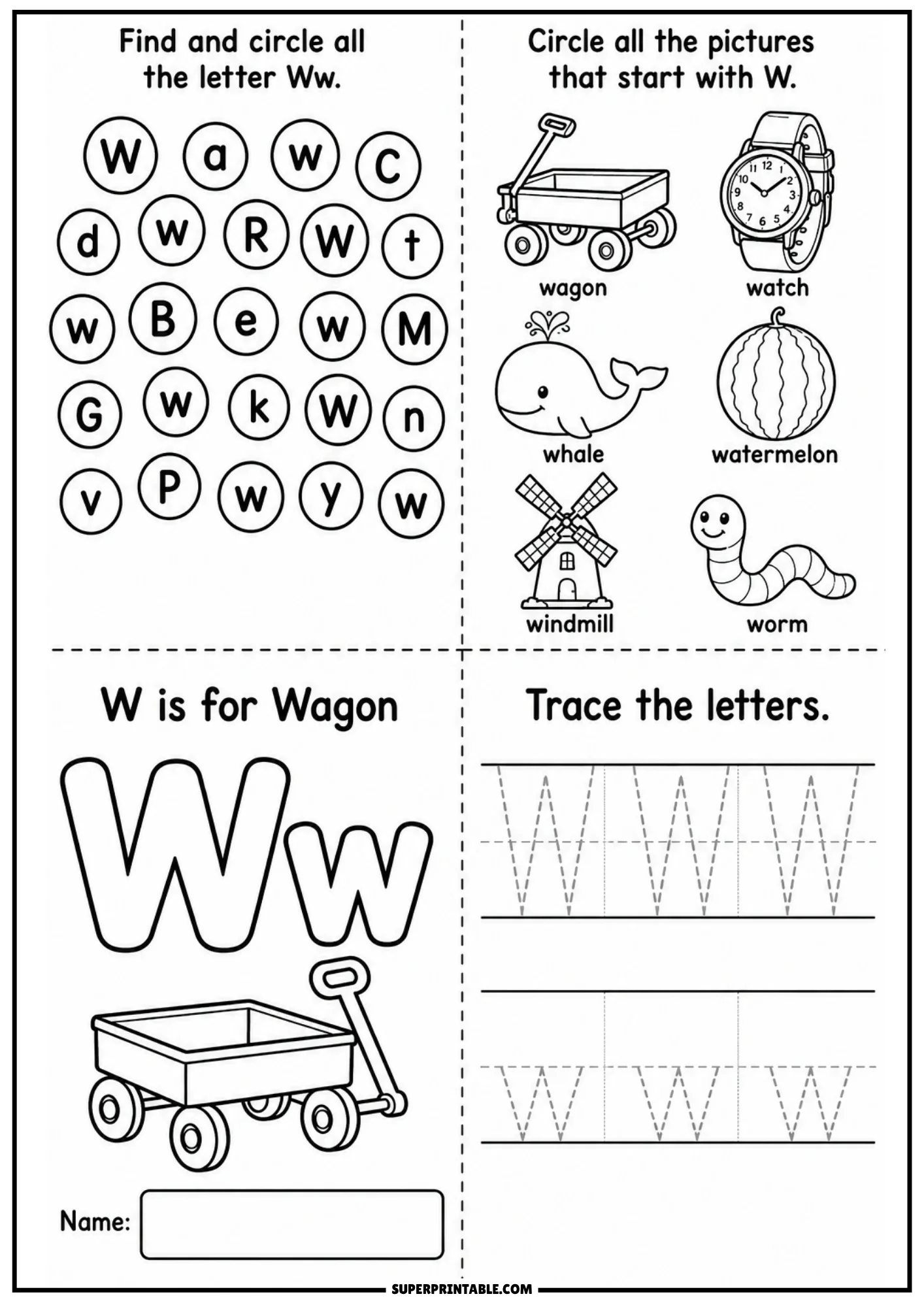Alphabet sheet for letter W containing letter search circle grid, illustrations of wagon watch whale watermelon windmill worm, large outline Ww with wagon, and guided letter tracing lines.