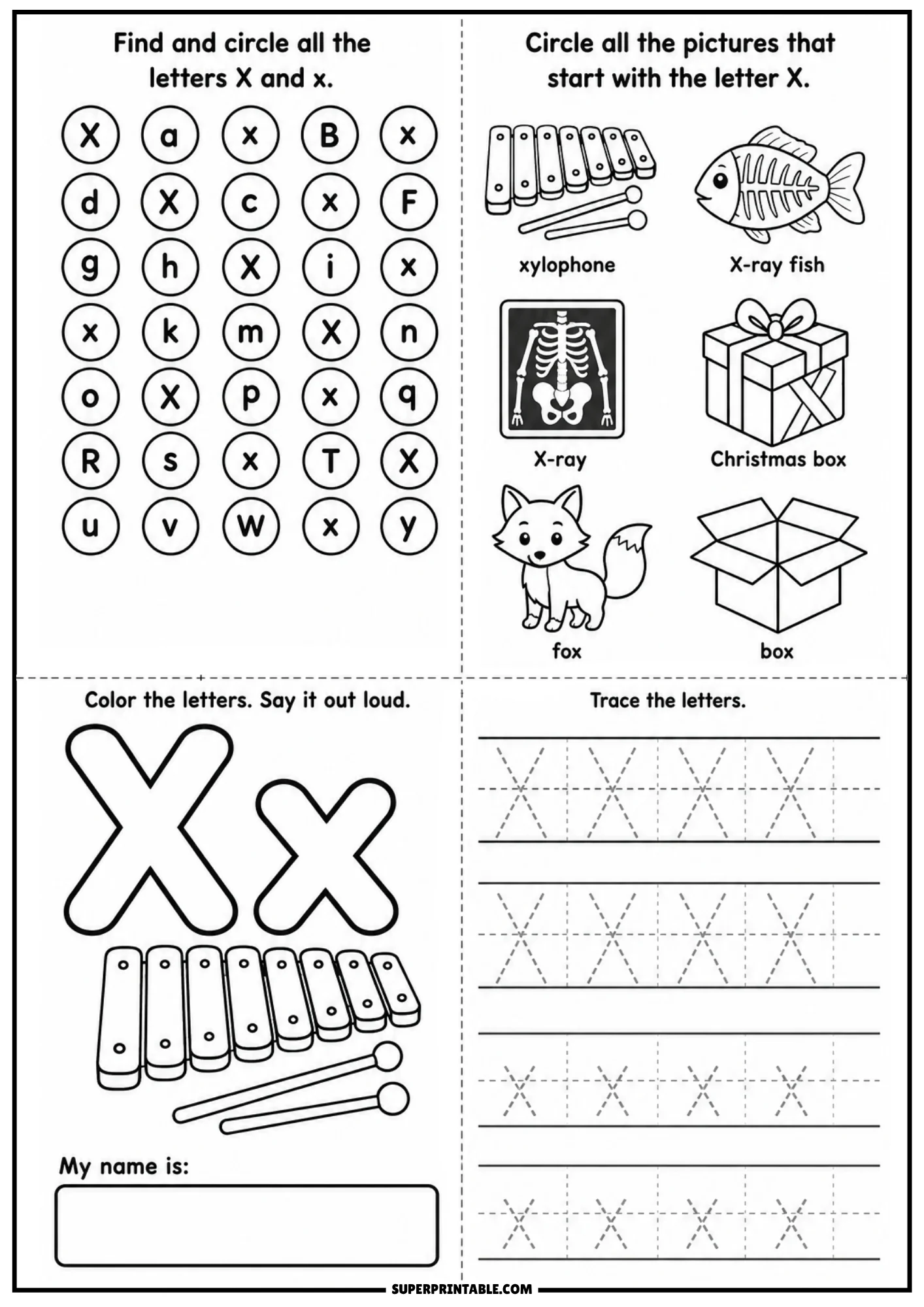 Printable letter X activity sheet featuring letter search grid, line art of xylophone X-ray fish X-ray skeleton gift box fox box, outline Xx with xylophone, and letter tracing lines.