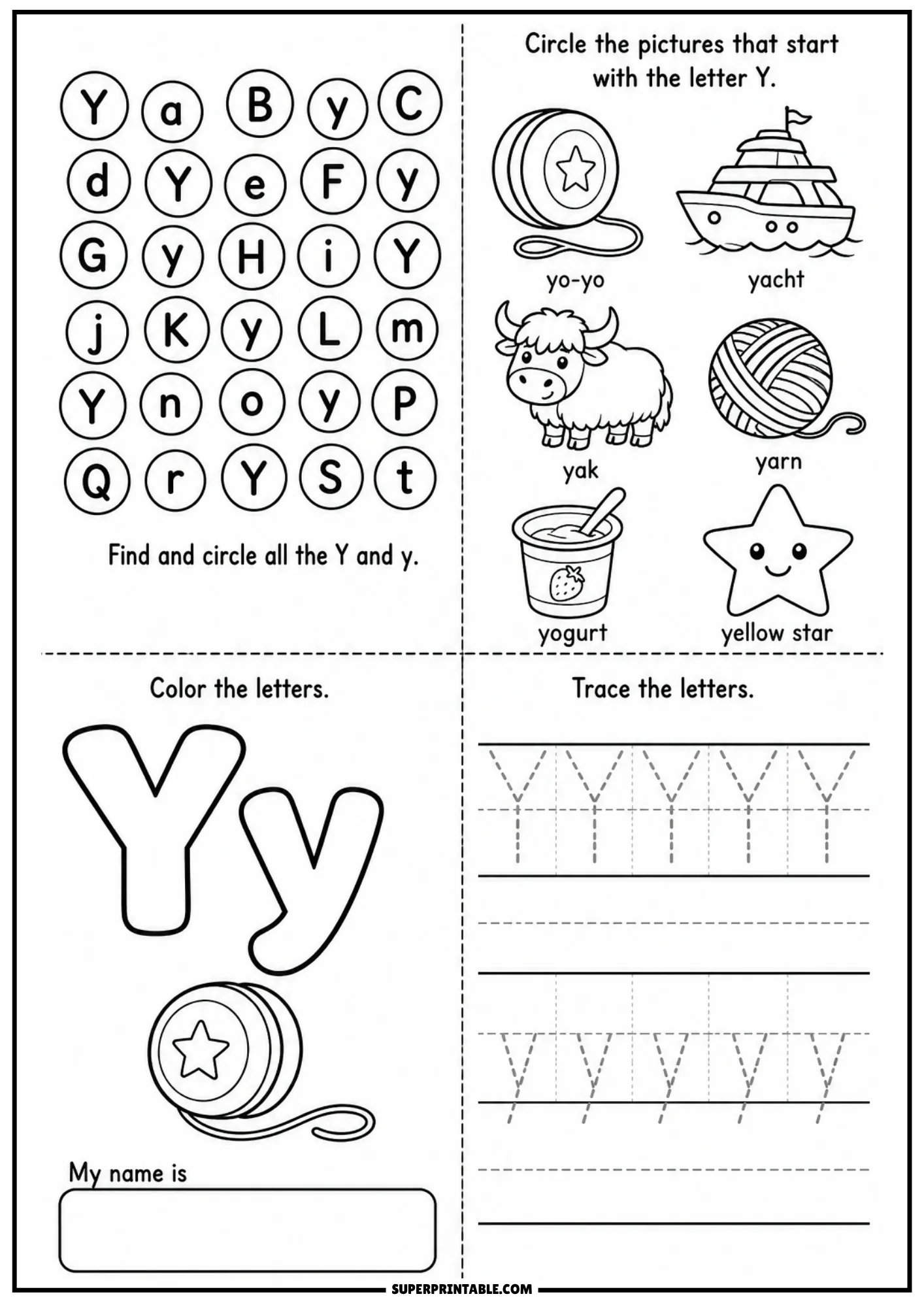 Letter Y learning page showing letter search circle grid, drawings of yoyo yacht yak yarn yogurt star, large outline Yy with upper lower letter tracing lines.