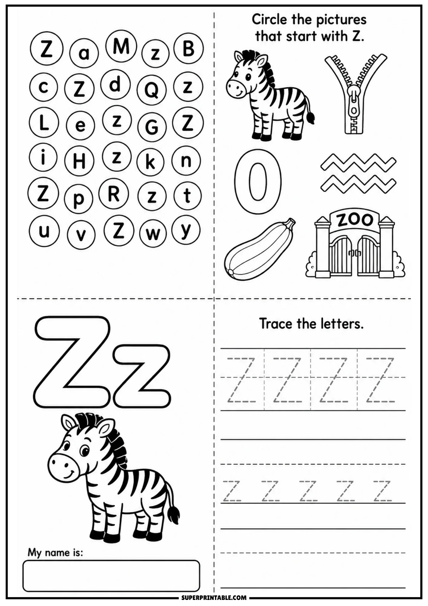 Black and white worksheet for letter Z with letter search grid, illustrations of zebra zipper zero zigzag squash zoo gate, outline Zz with zebra cartoon, and letter tracing lines.