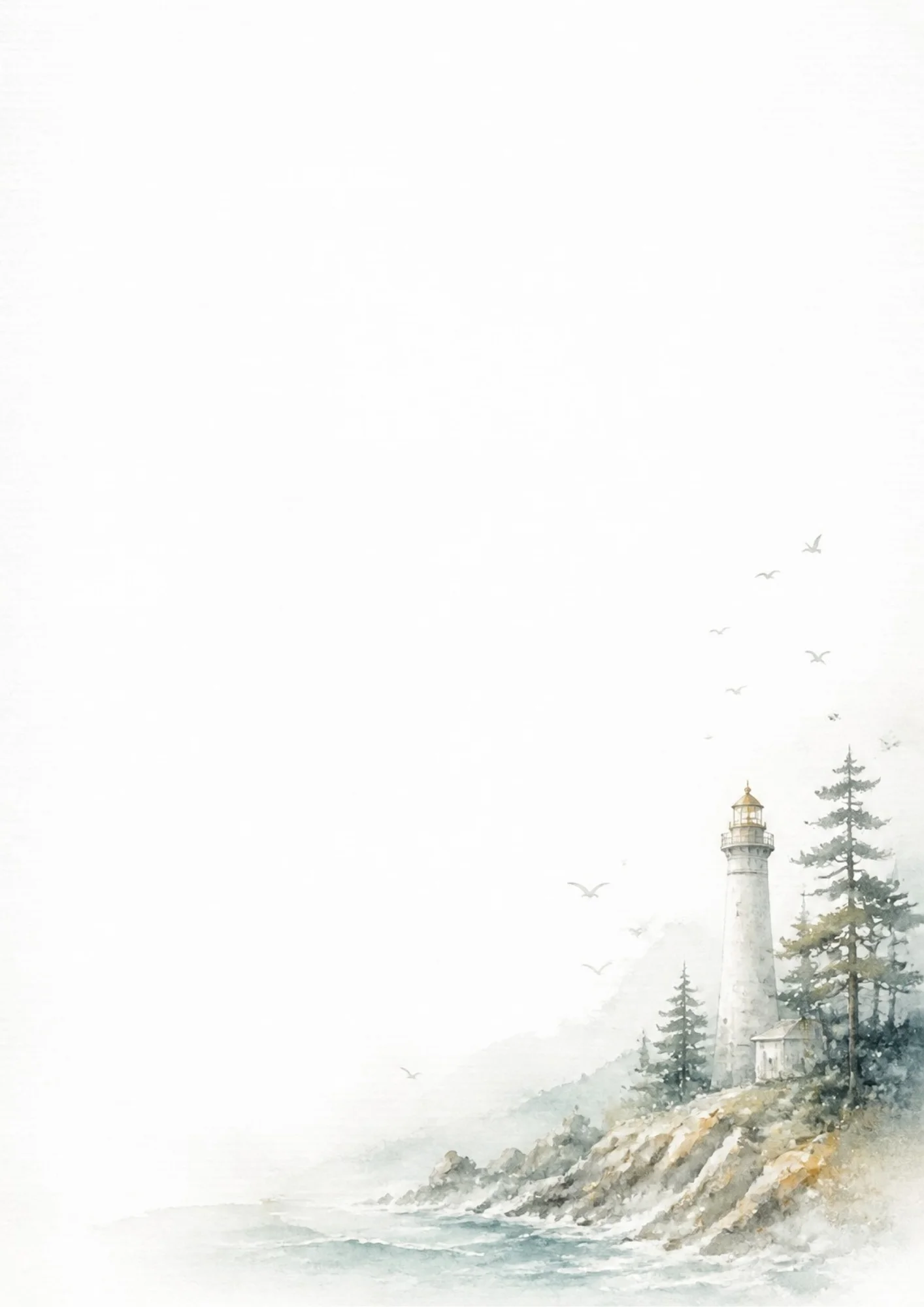 Watercolor digital paper depicting a white stone lighthouse with a gold dome standing on a rugged rocky cliff overlooking the ocean with pine trees and seagulls flying in the mist.