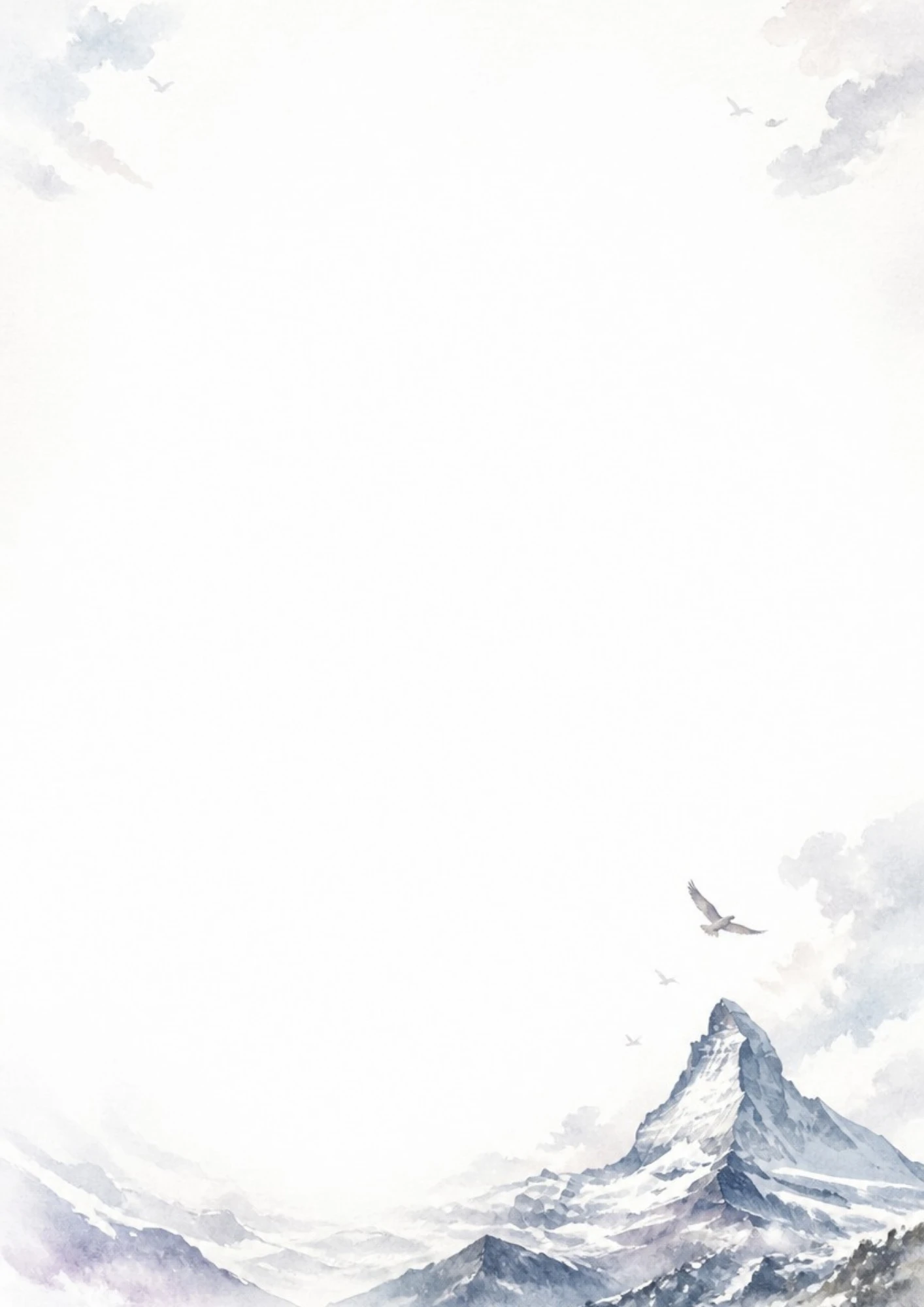 A watercolor painting of the sharp pyramid peak of the Matterhorn mountain with eagles flying in the sky.