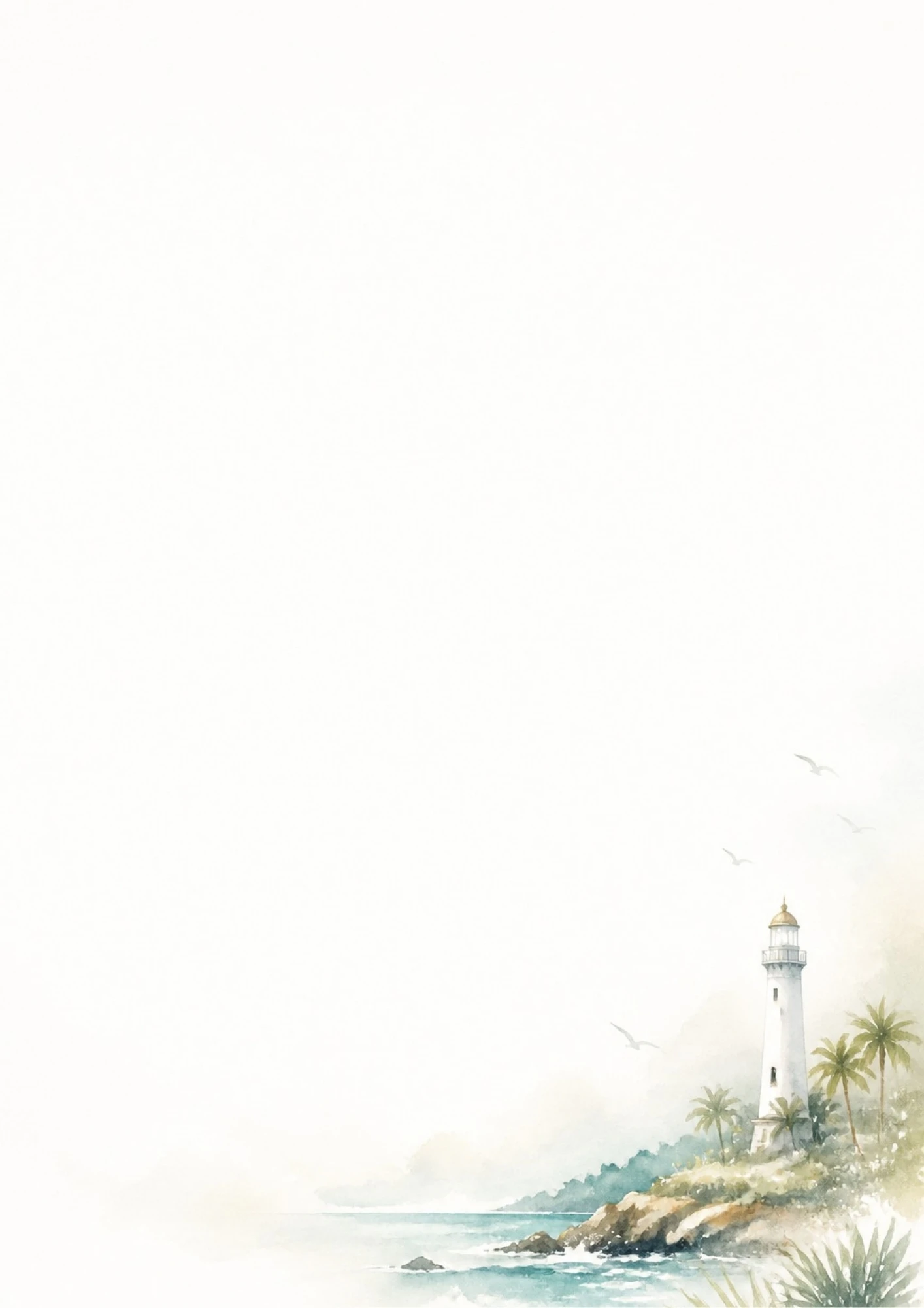 A watercolor illustration of a white lighthouse standing on a rocky shoreline with palm trees and ocean waves in Mauritius.