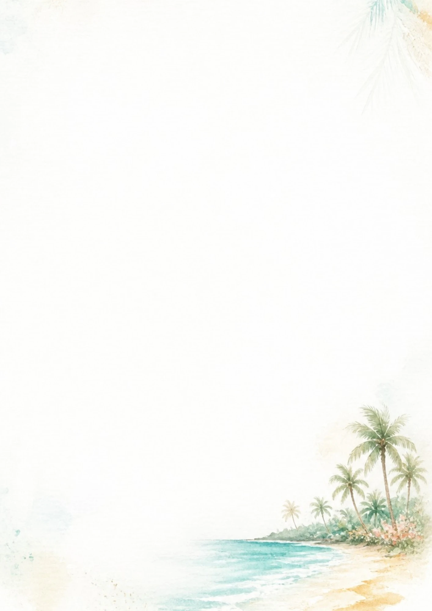 A watercolor painting of a sandy tropical beach in Mauritius with coconut palm trees in the corner and gentle turquoise ocean waves.