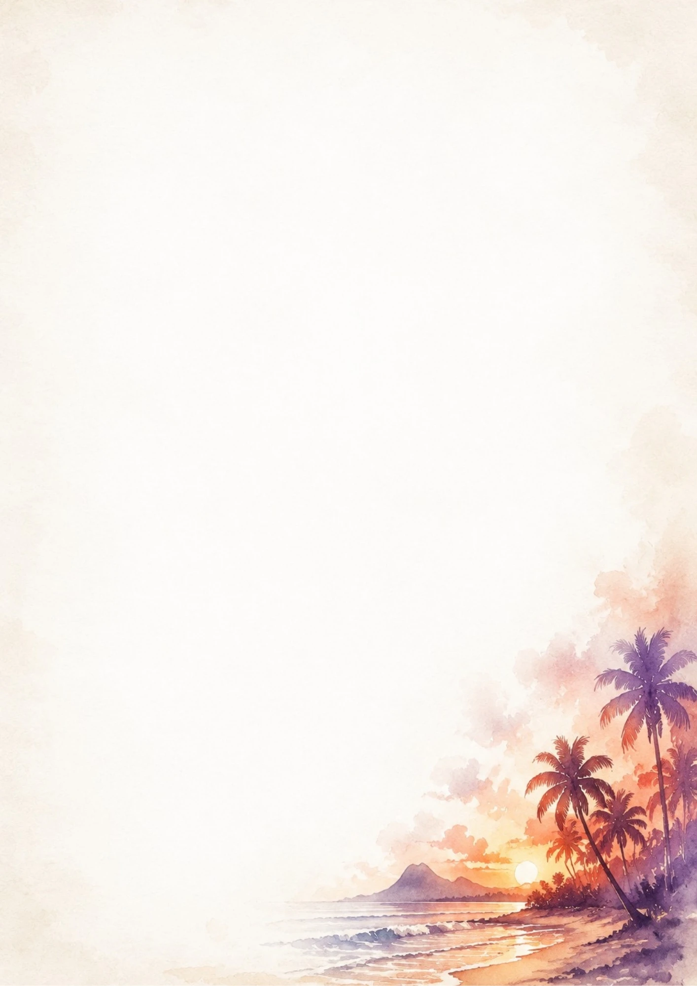 A watercolor painting of a tropical sunset over the Mauritian sea, with silhouettes of palm trees in purple and orange tones.