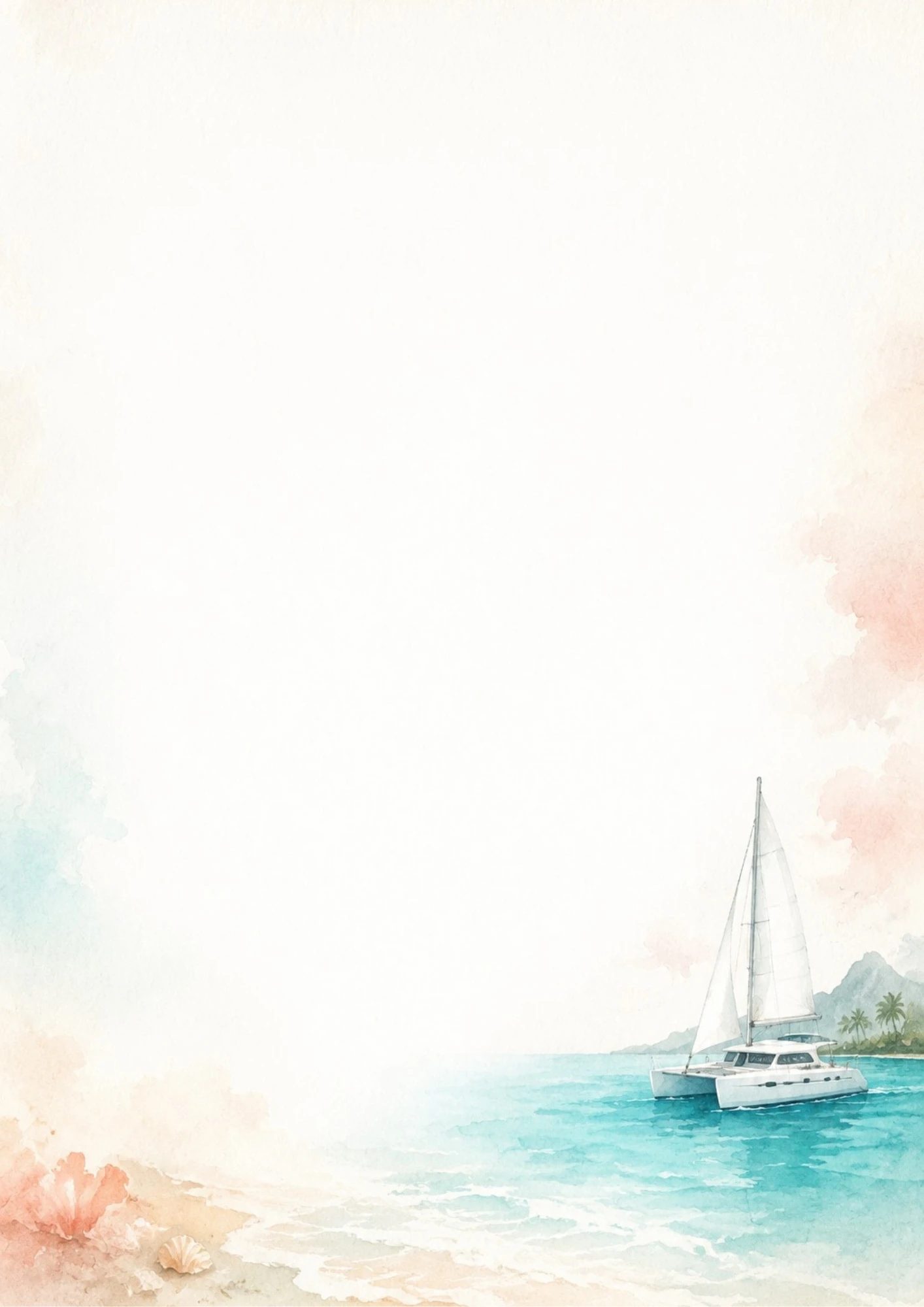 A watercolor illustration of a white catamaran yacht sailing on bright turquoise sea waters near a tropical coastline.