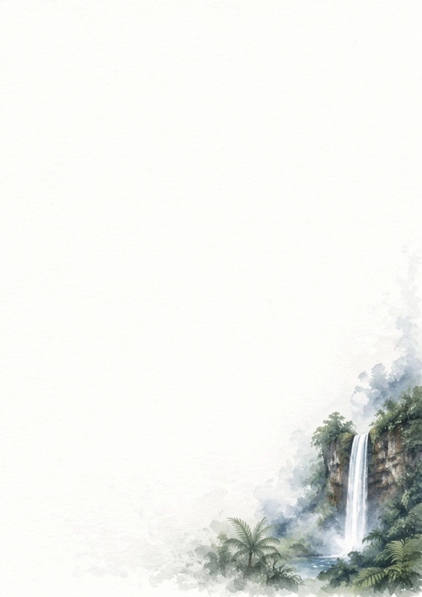 A watercolor painting of a tall waterfall cascading down green tropical cliffs surrounded by palm trees and mist.