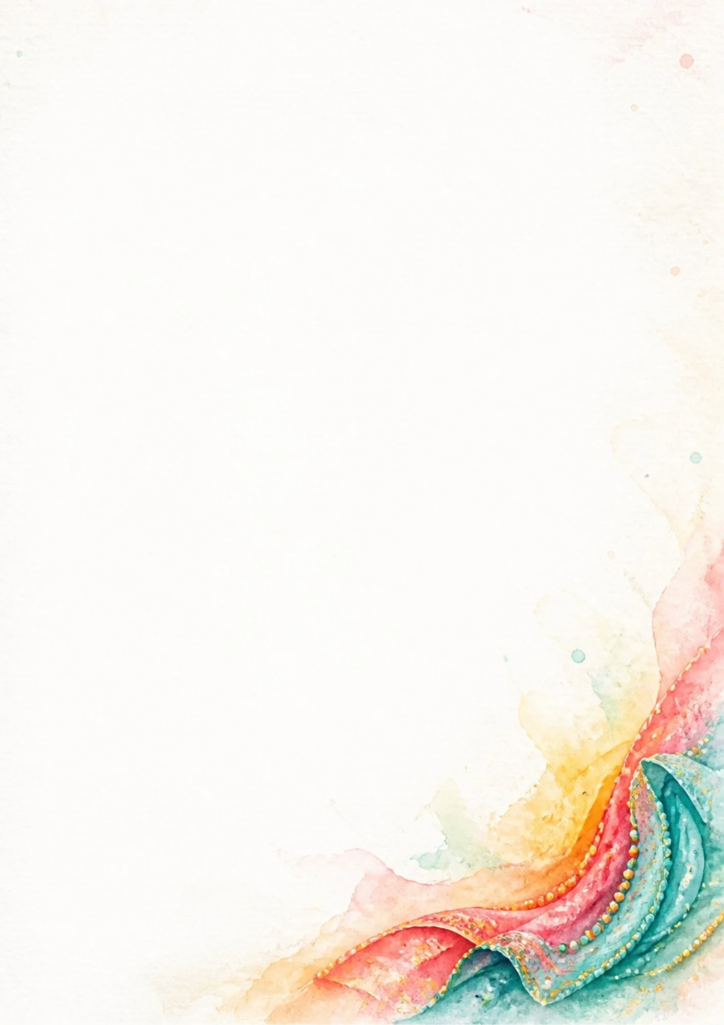 A watercolor depiction of flowing tropical fabrics in teal, pink, and orange with delicate gold bead details.