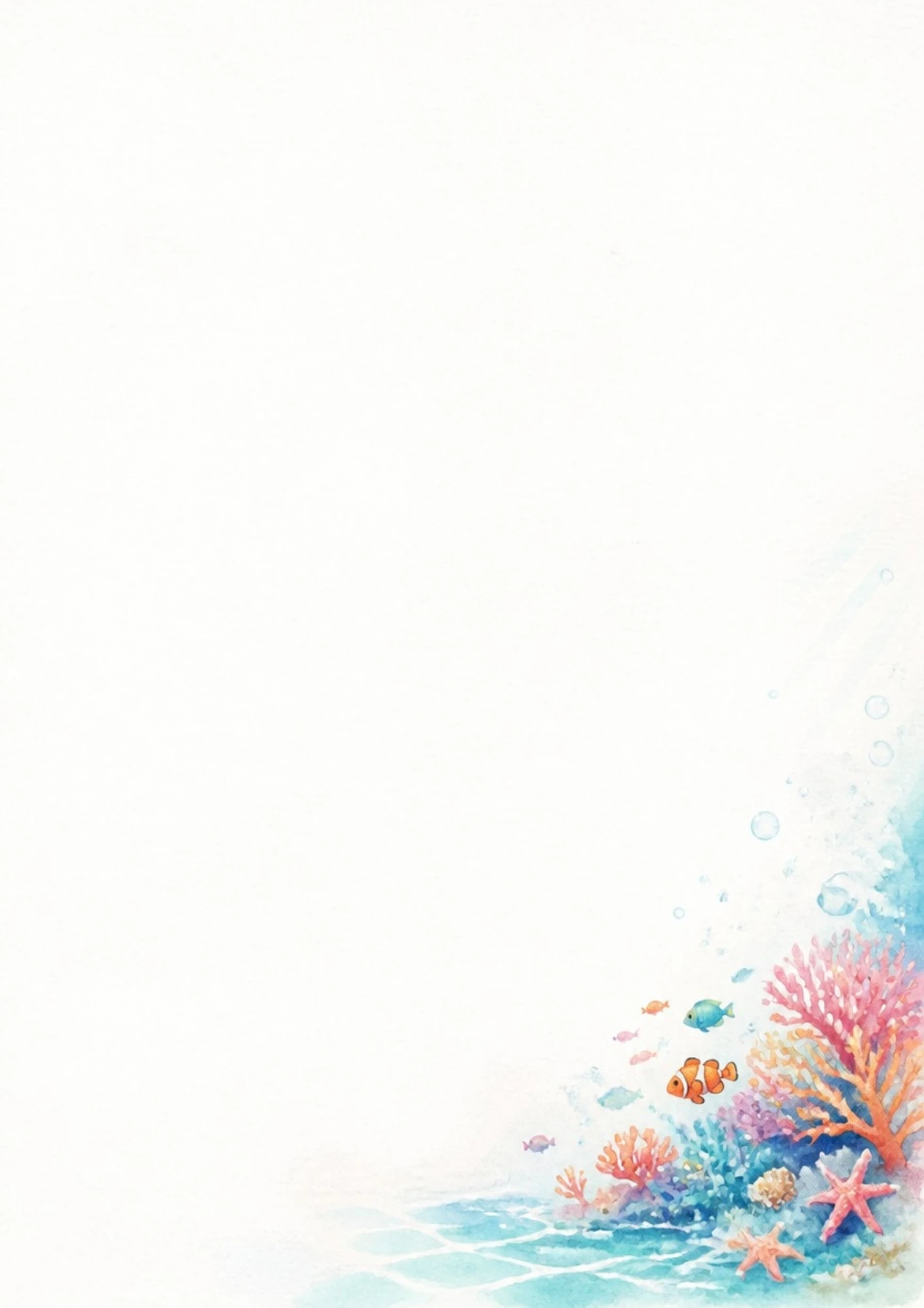 An underwater watercolor scene of colorful coral reefs with an orange clownfish, a starfish, and bubbles in turquoise water.