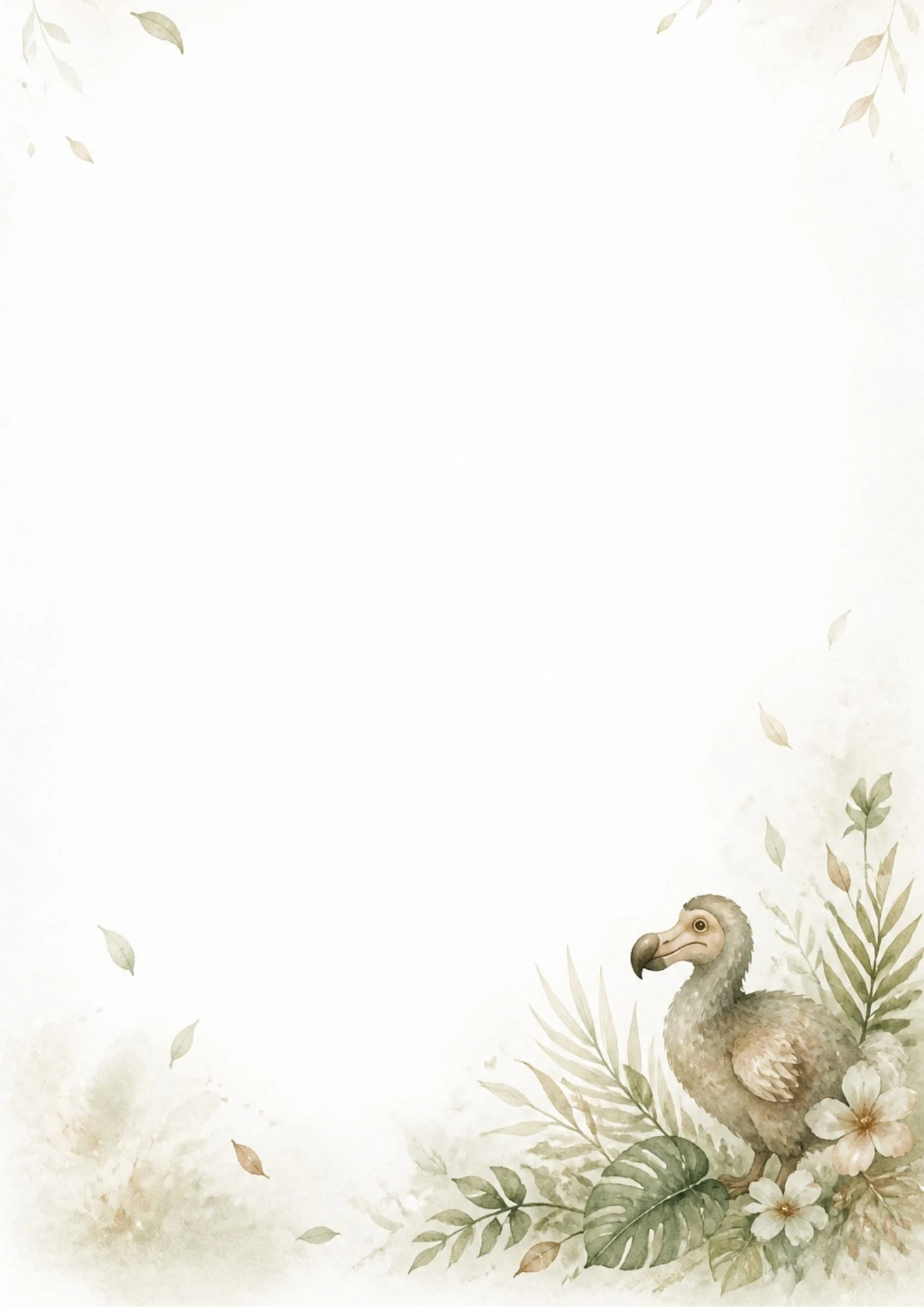 A watercolor painting of the extinct dodo bird standing amidst tropical monstera leaves and white flowers.