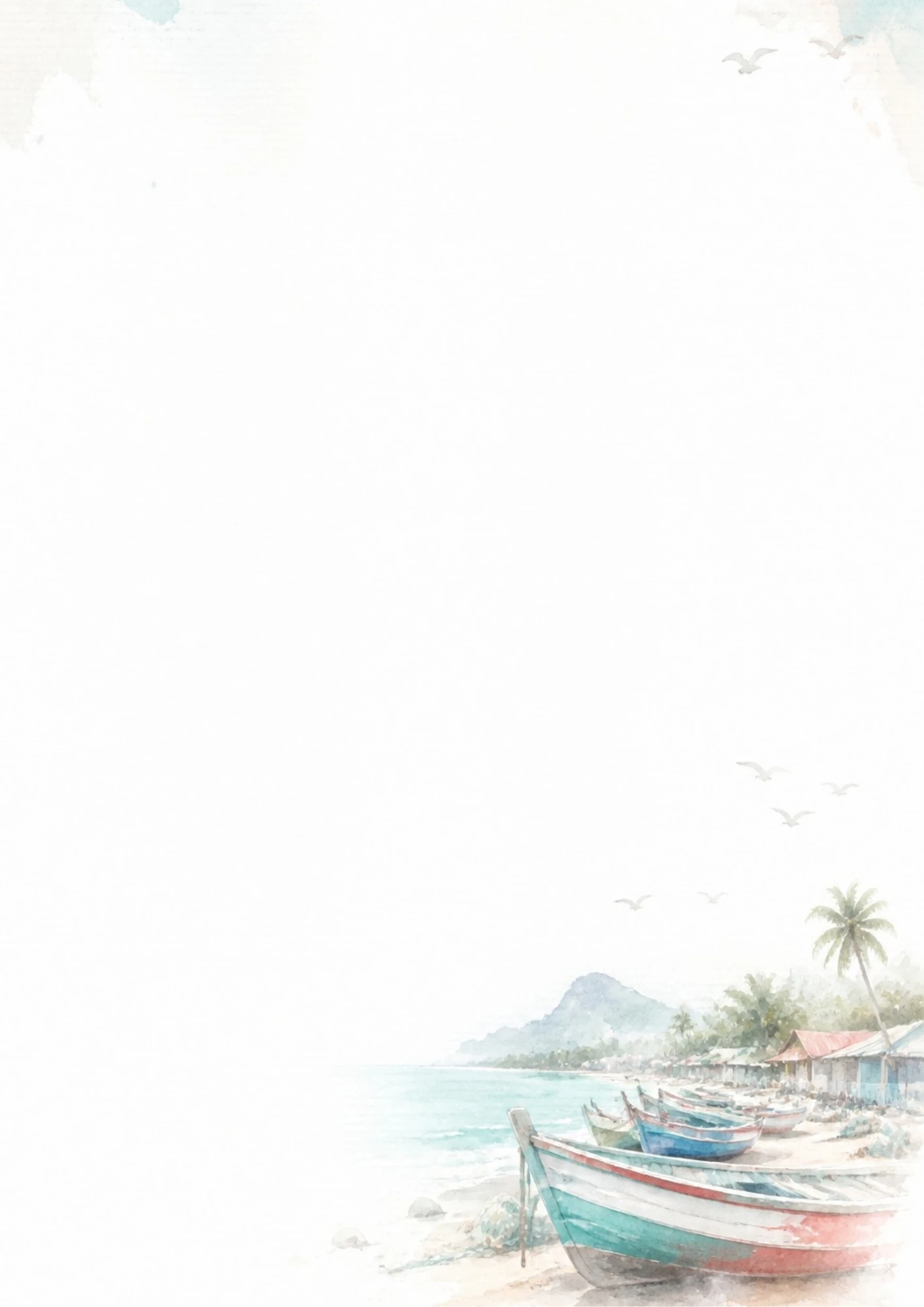 A watercolor depiction of traditional colorful wooden fishing boats resting on a sandy beach near a coastal village in Mauritius.