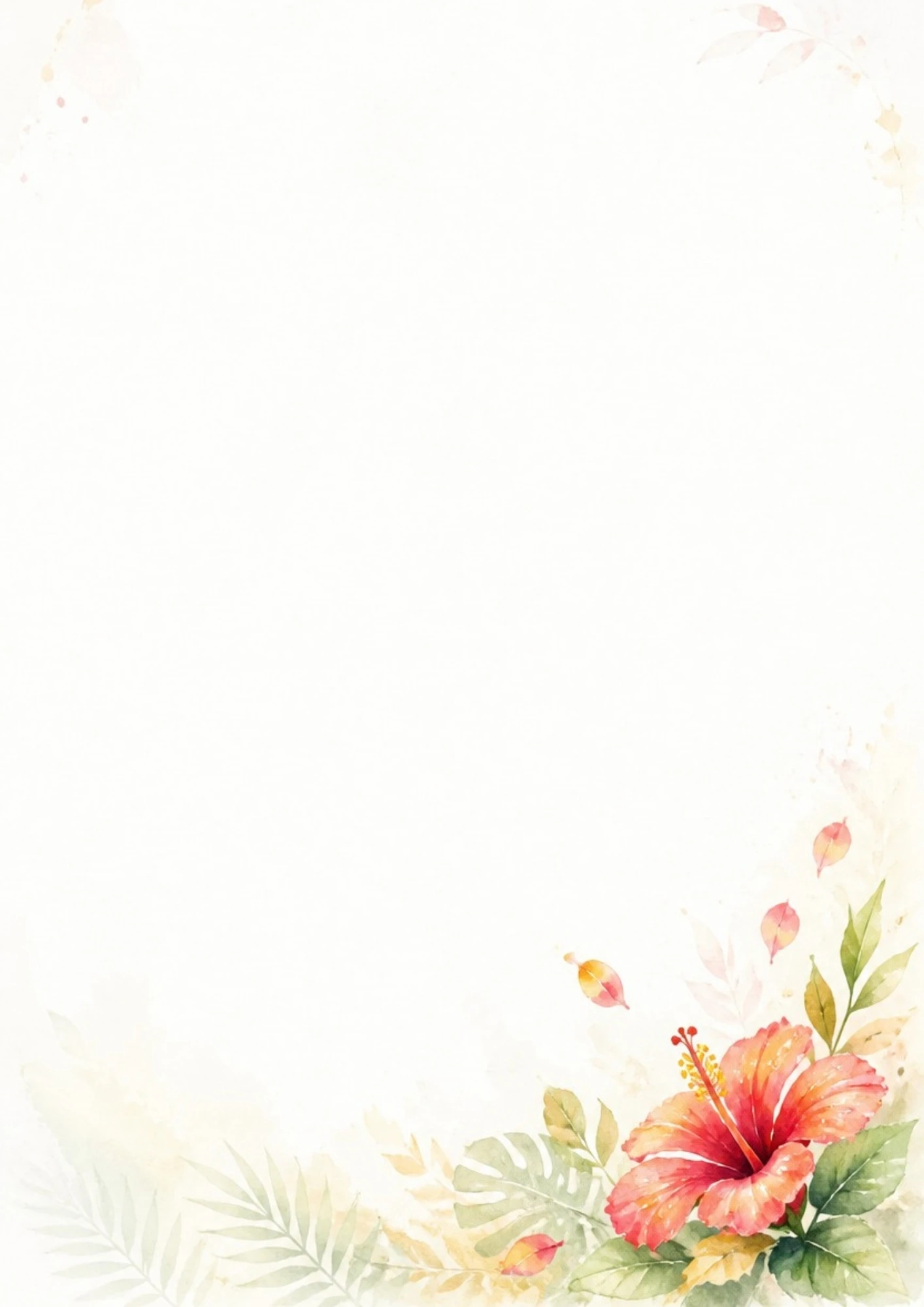 A watercolor painting of a red-orange hibiscus flower surrounded by green tropical leaves and falling petals.