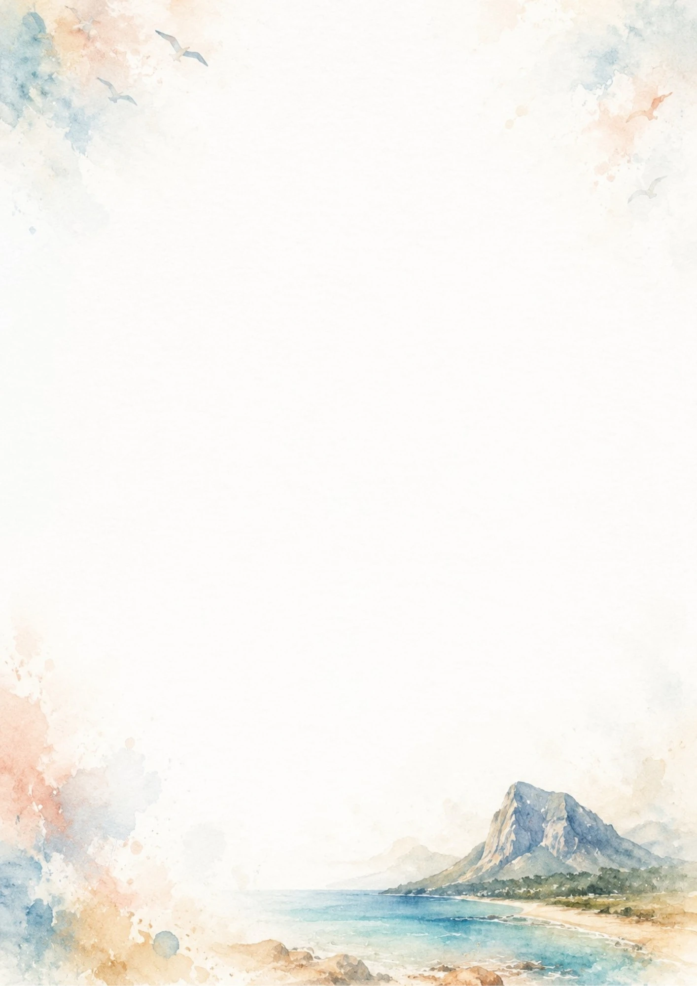 A watercolor view of the iconic Le Morne Brabant mountain rising next to a sandy beach and blue ocean in Mauritius.