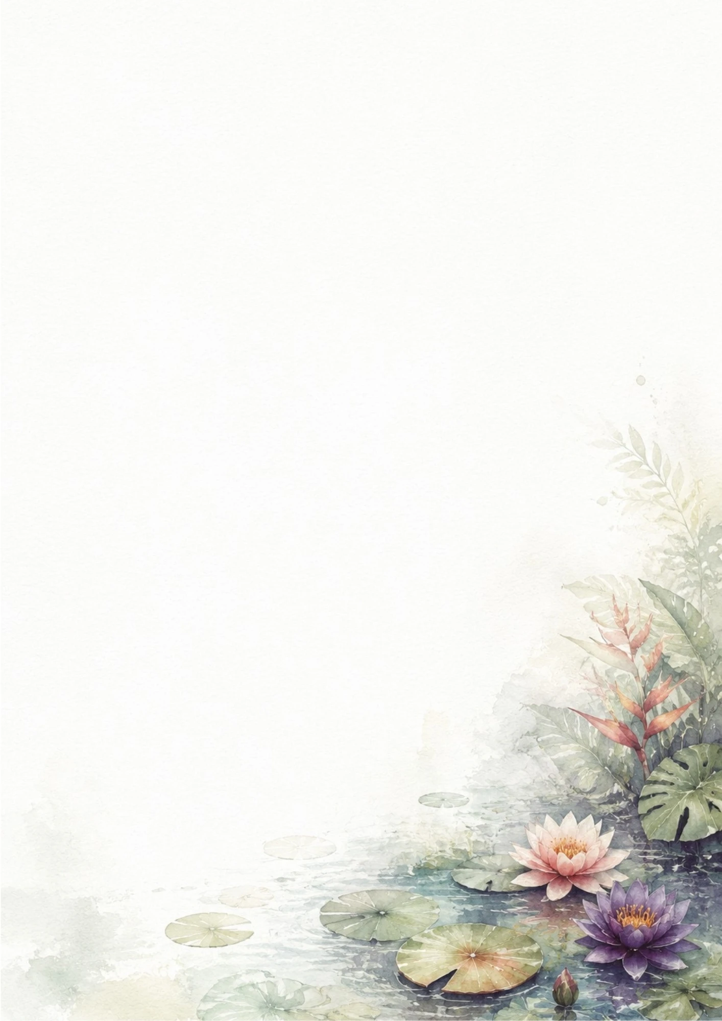 A watercolor painting of giant water lilies and blooming lotus flowers in a pond at Pamplemousses Botanical Garden.