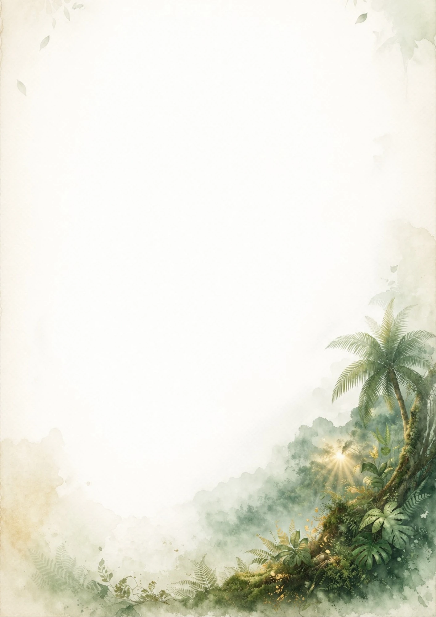 A watercolor painting of a lush green tropical rainforest in Mauritius with sunbeams breaking through the foliage and palm trees.