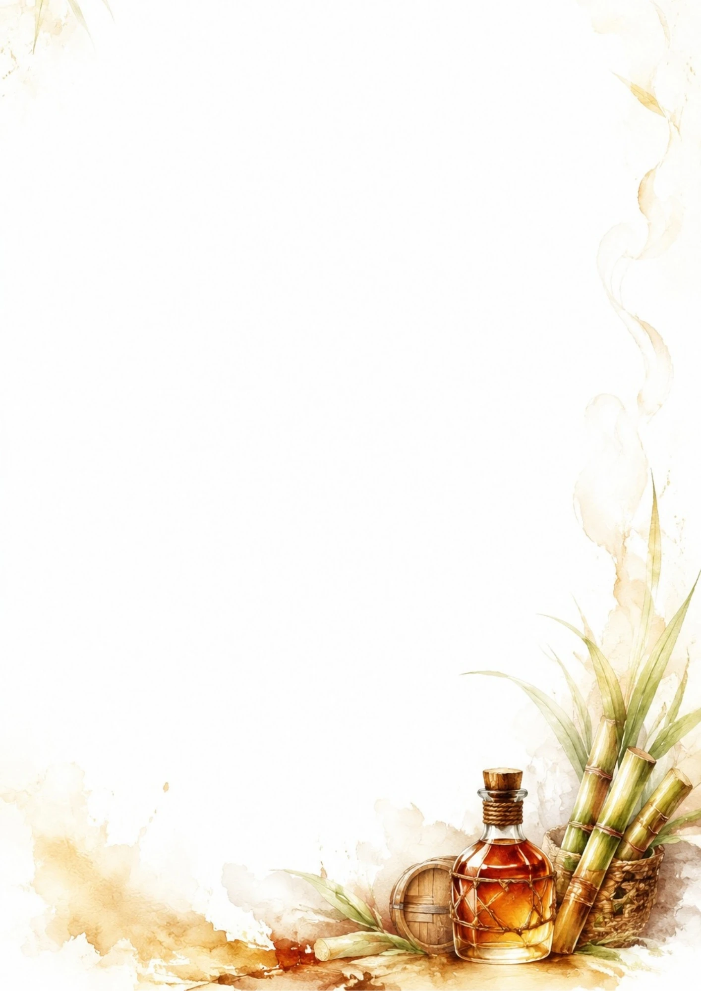 A watercolor painting featuring a bottle of local Mauritian rum, a small wooden barrel, and sugarcane stalks in a basket.