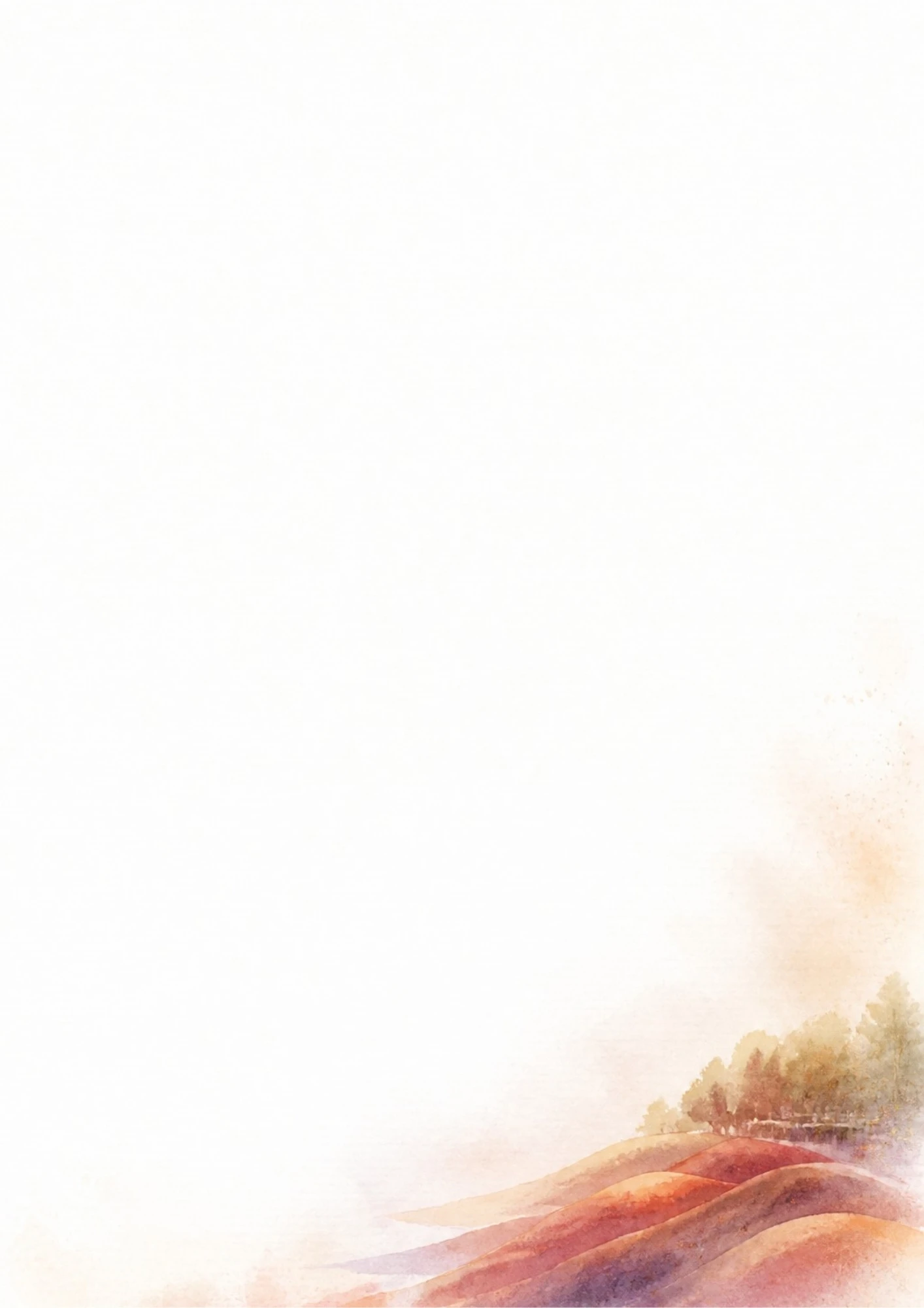 A watercolor depiction of the undulating red, purple, and orange sand dunes of the Seven Colored Earths in Chamarel, Mauritius.