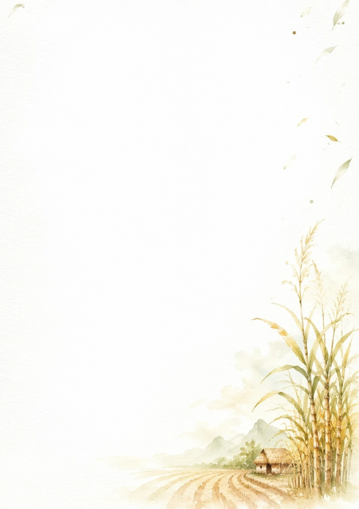 A watercolor painting showing a rustic straw-roofed hut next to tall sugarcane fields under a soft sky in Mauritius.
