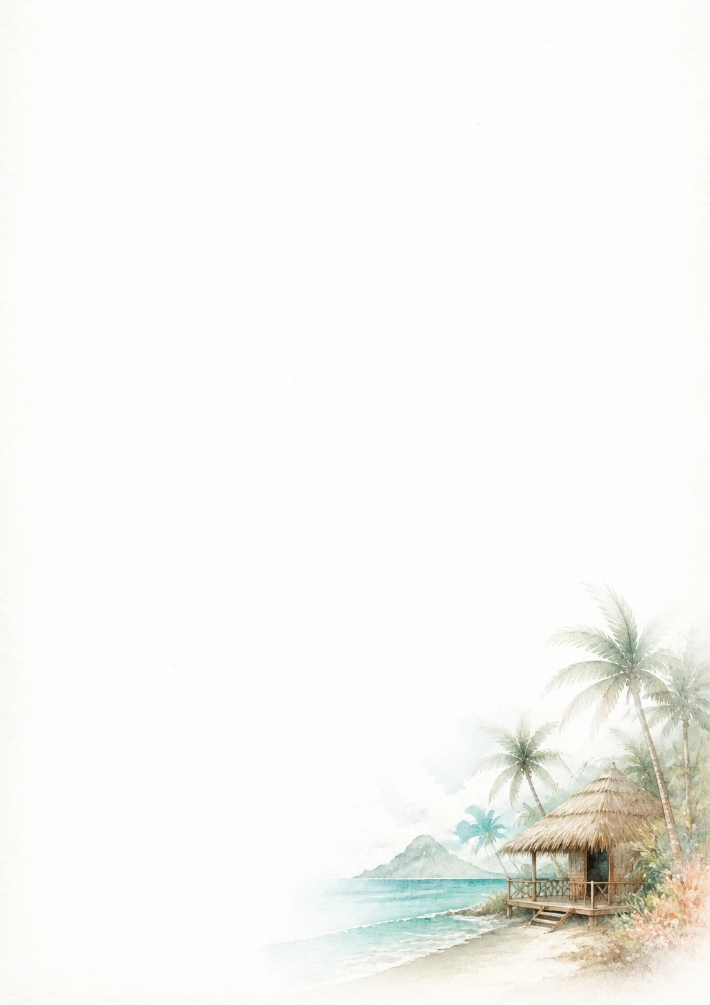 A watercolor scene of a wooden beach hut with a straw roof built on the sandy shores of Mauritius next to palm trees.