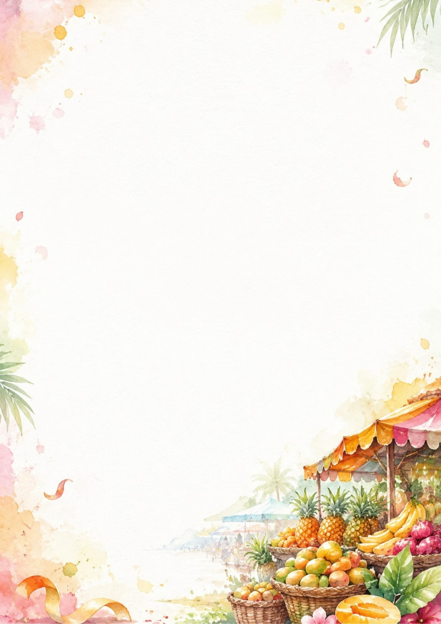 A colorful watercolor scene of a Mauritian fruit stand filled with baskets of pineapples, mangoes, and bananas under a striped awning.