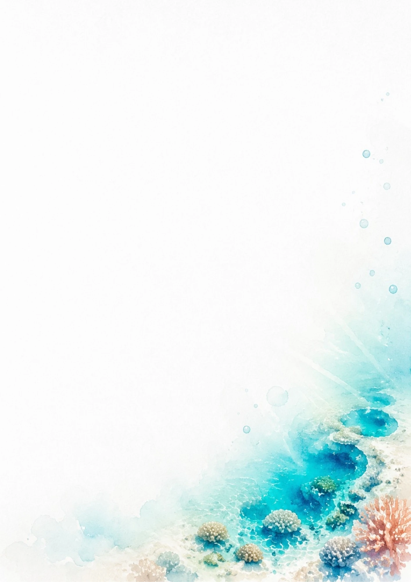 A watercolor painting of a clear turquoise ocean floor with sea anemones, brain coral, and sunlight filtering through the water.