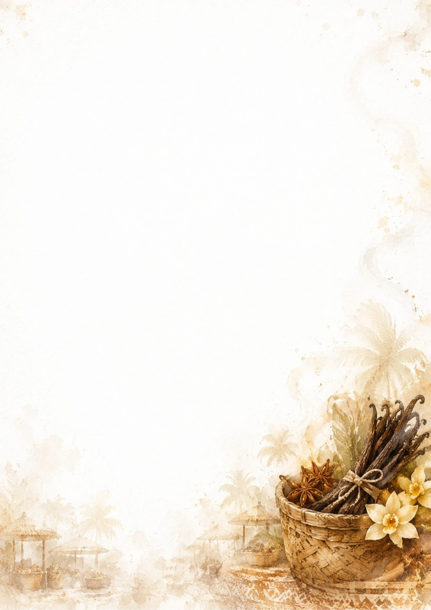 A watercolor painting showing a woven basket filled with dark vanilla pods, star anise, and orchid flowers in front of a tropical shore.