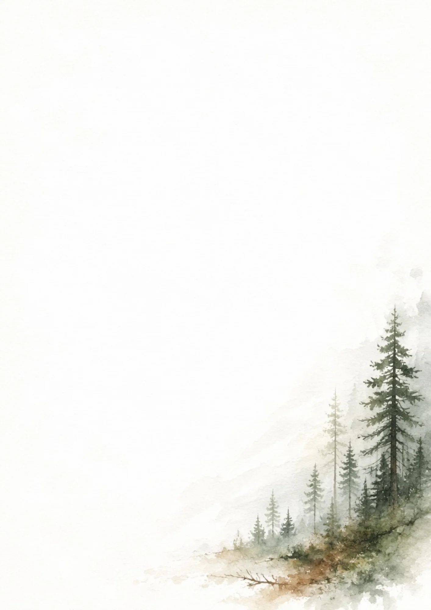 Watercolor digital paper showing a steep hillside covered in tall evergreen pine and fir trees disappearing into thick mountain fog and mist in shades of deep green, grey, and brown.
