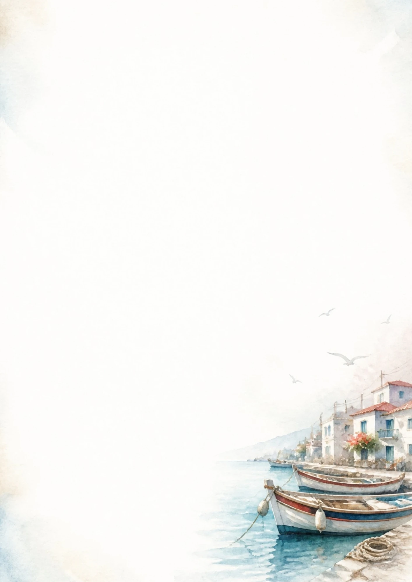 A watercolor painting of two fishing boats moored at a stone dock in front of white harbor houses under a light sky.