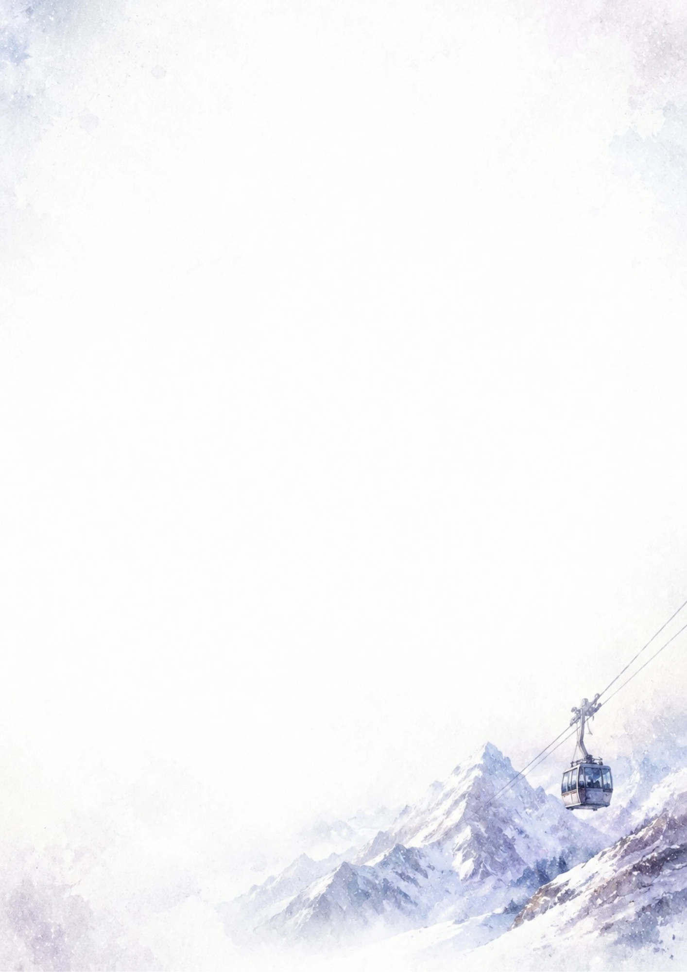 A watercolor painting of a cable car gondola hanging on wires high above snowy mountain slopes.