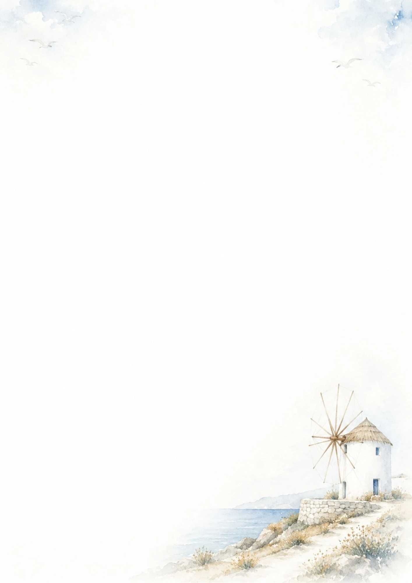 A watercolor drawing of a classic white Greek windmill with a straw roof on a stone platform next to the blue sea.