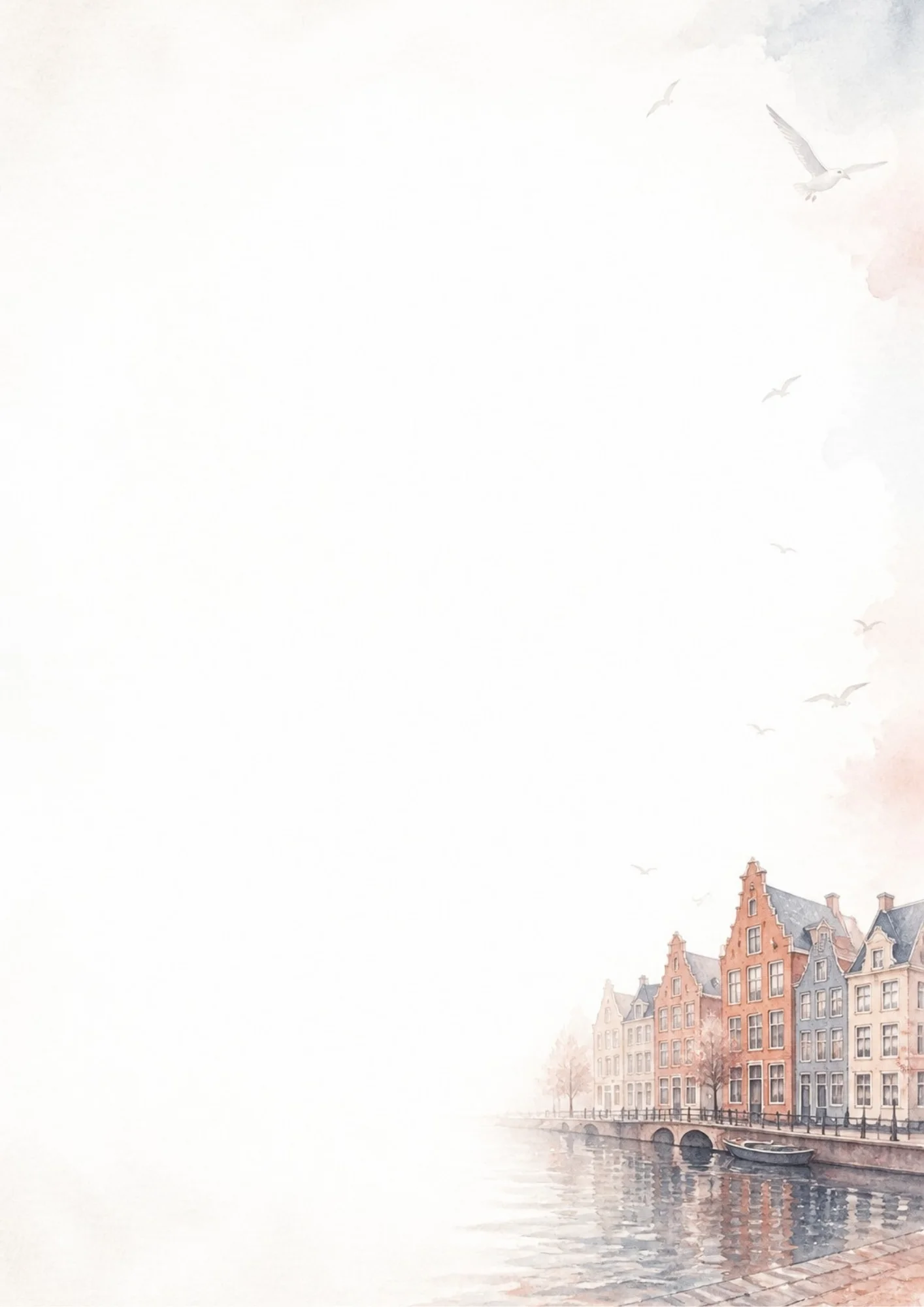 Watercolor painting of traditional brick canal houses lining a waterway, with a boat moored by the stone bridge and seagulls flying under a light sky.