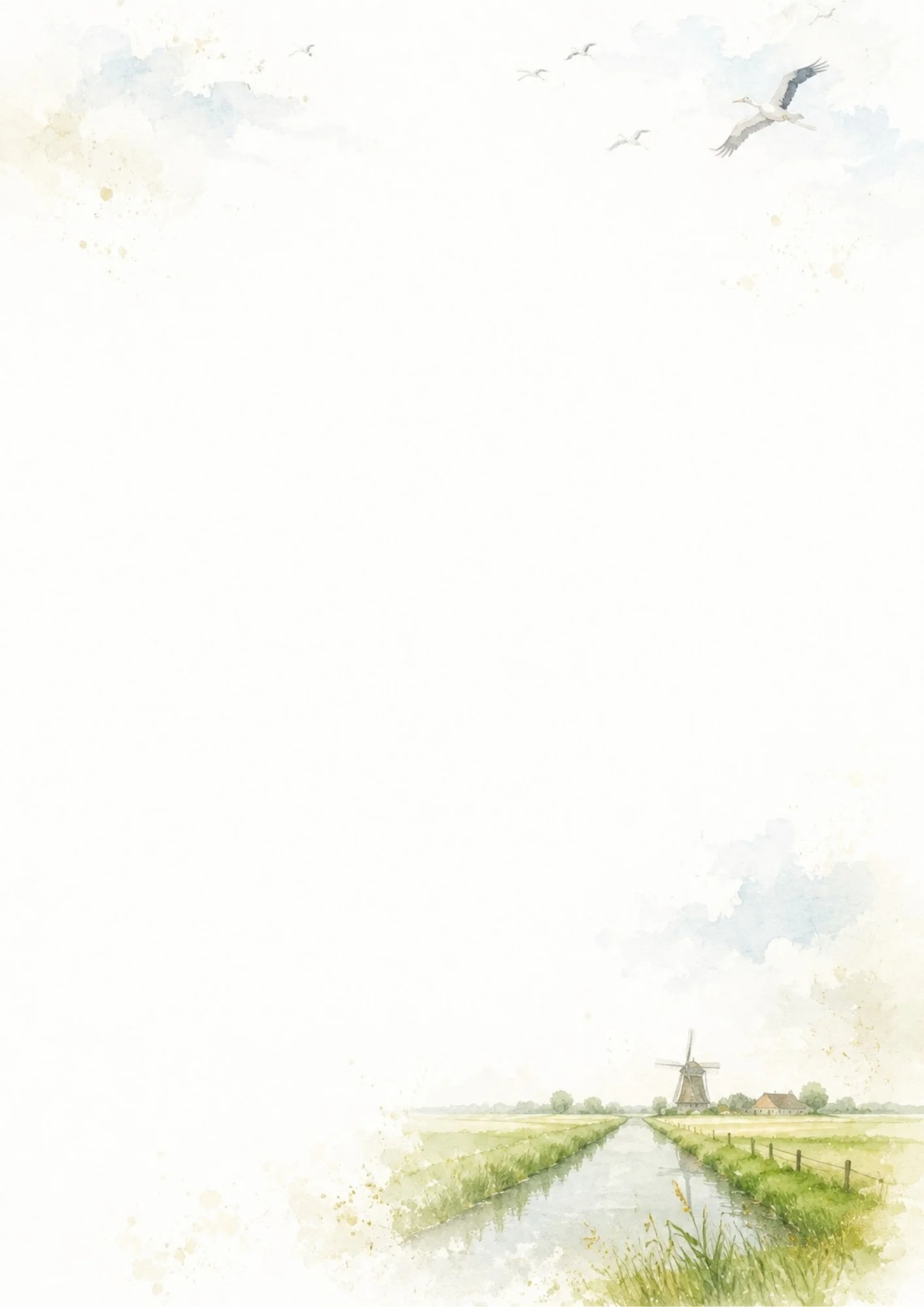 Watercolor painting of a straight canal running through green grassy fields toward a windmill, with birds flying in the light cloudy sky.