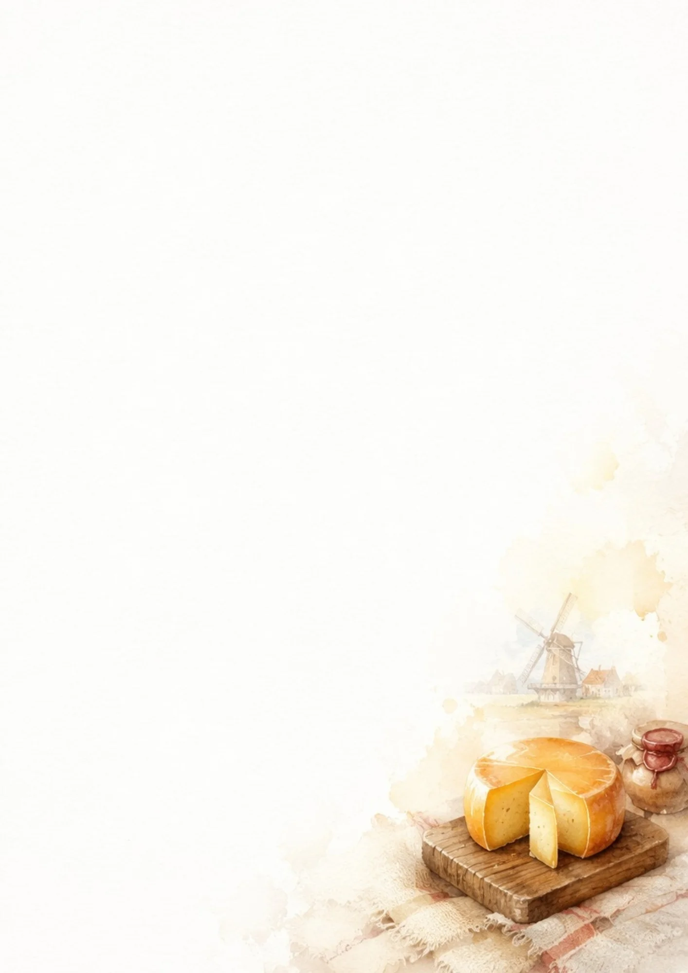Watercolor painting of a wheel of cheese with a cut slice on a wooden board, positioned next to a small jar, with a soft windmill scene in the warm toned background.